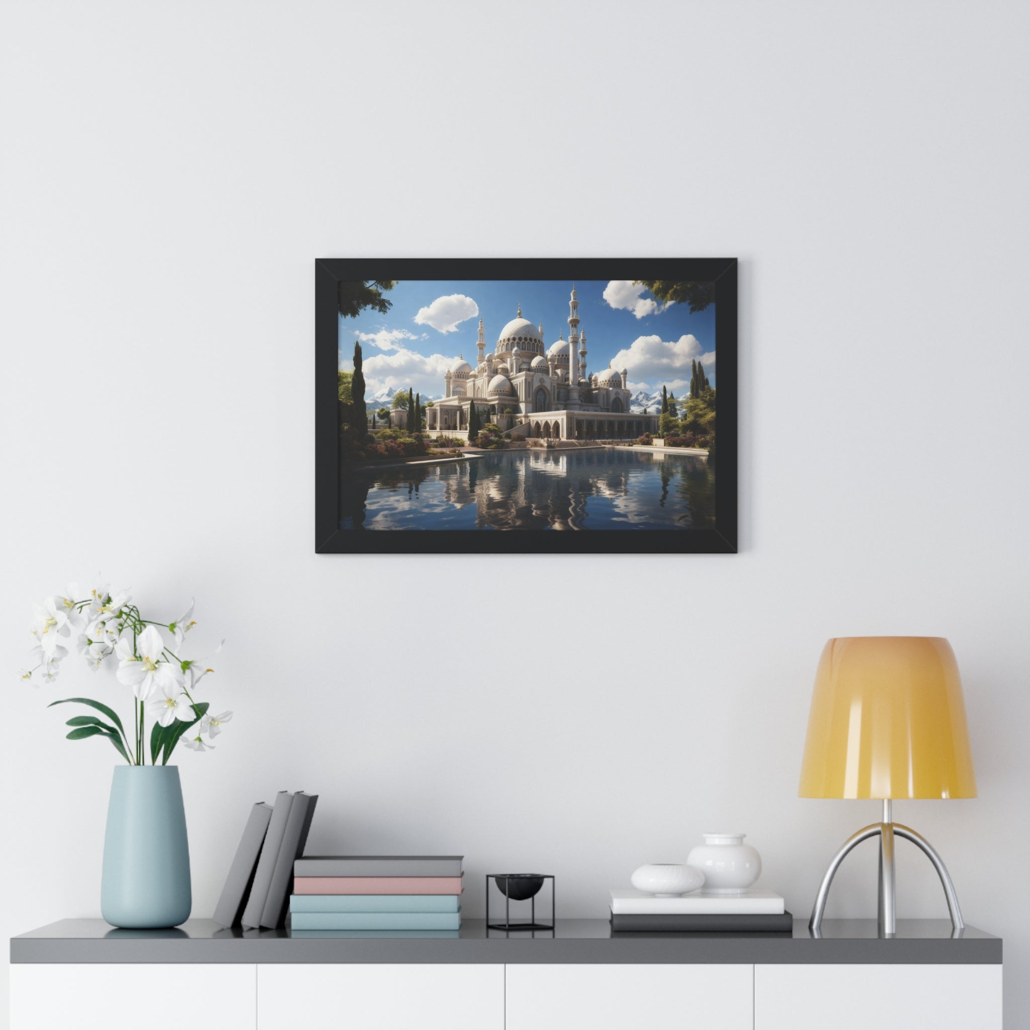 Reflections of Faith – Framed Islamic Mosque Wall Art with Scenic Lake & Mountain Backdrop
