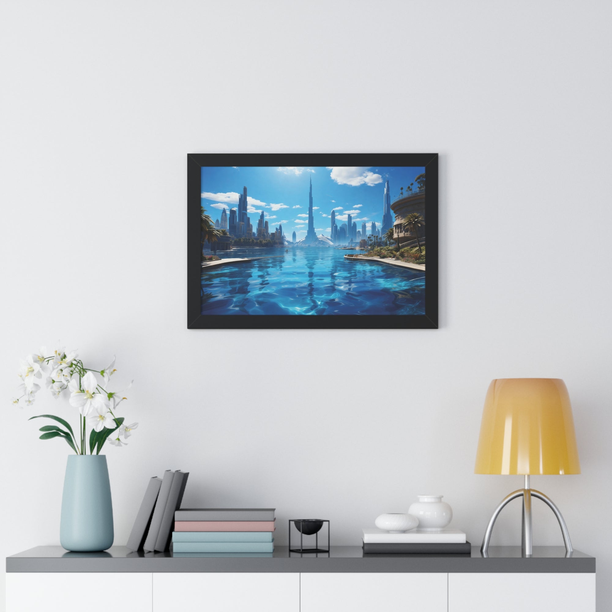Futuristic Waterfront Skyline – Framed Wall Art with Palm Trees & Ultra-Modern Architecture
