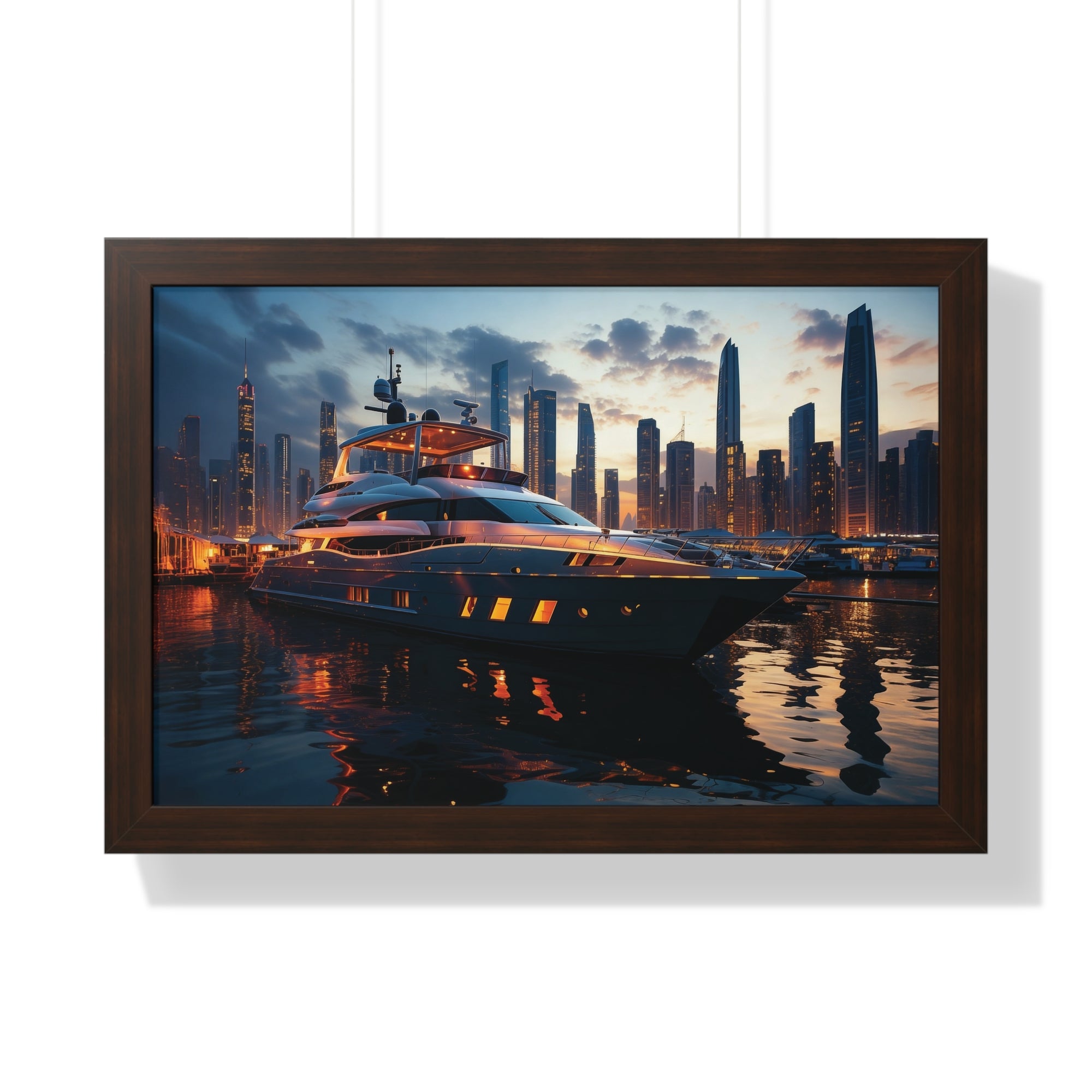 Framed Luxury Yacht at Sunset – Unique Marina Cityscape Wall Art