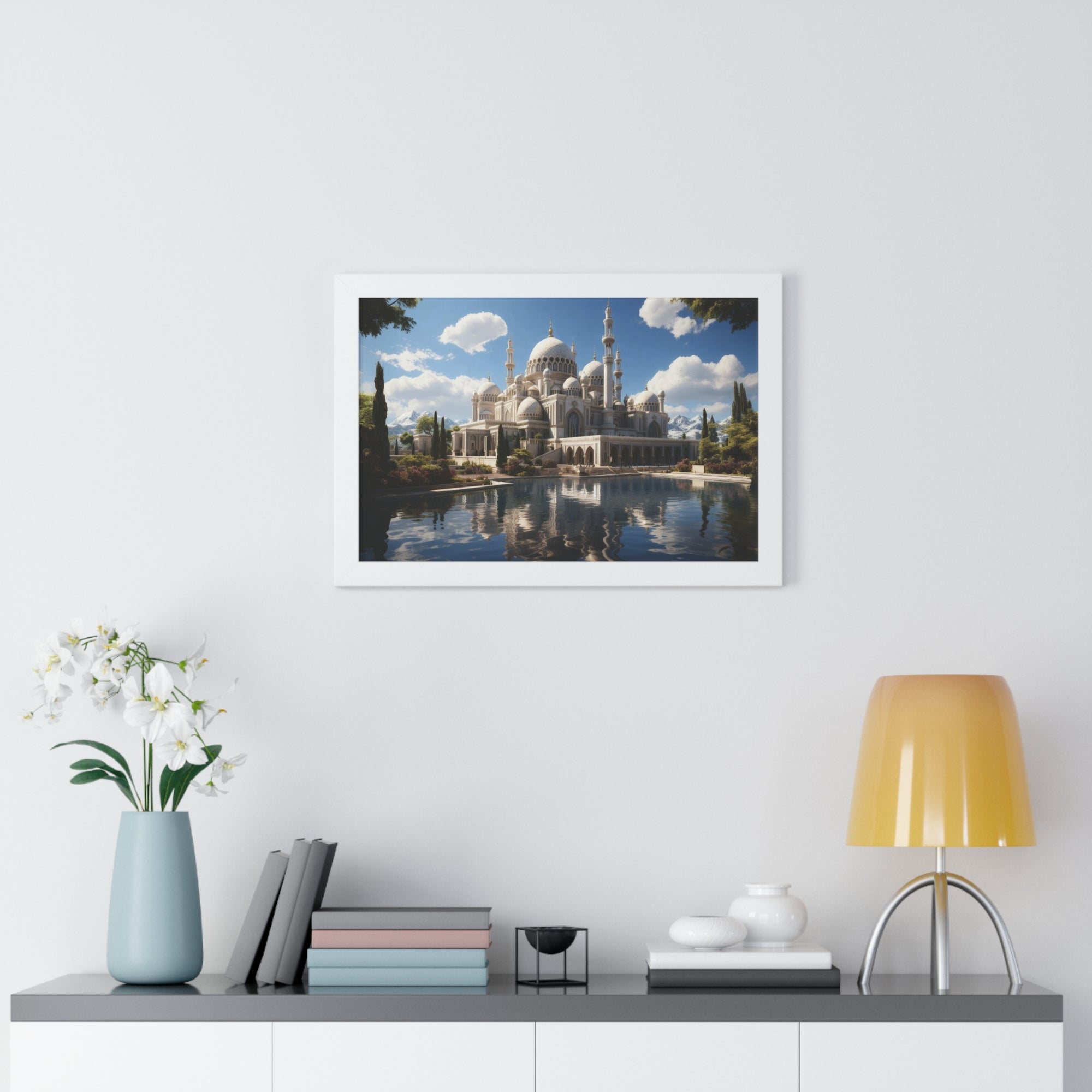Reflections of Faith – Framed Islamic Mosque Wall Art with Scenic Lake & Mountain Backdrop