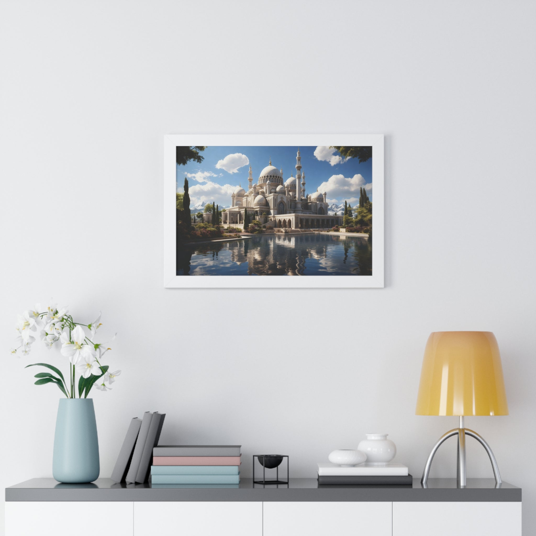 Reflections of Faith – Framed Islamic Mosque Wall Art with Scenic Lake & Mountain Backdrop