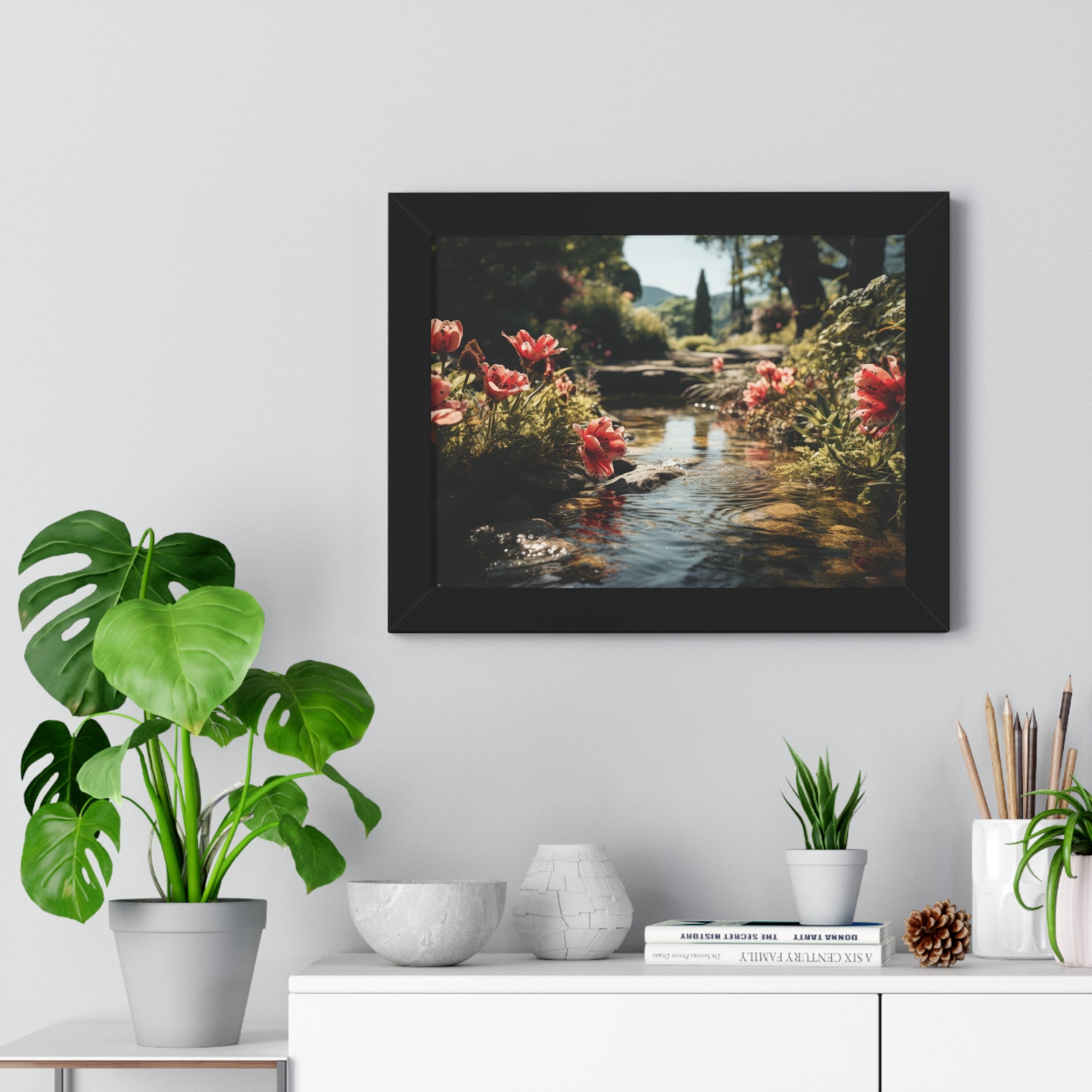 Tranquil Garden Stream with Scarlet Blooms