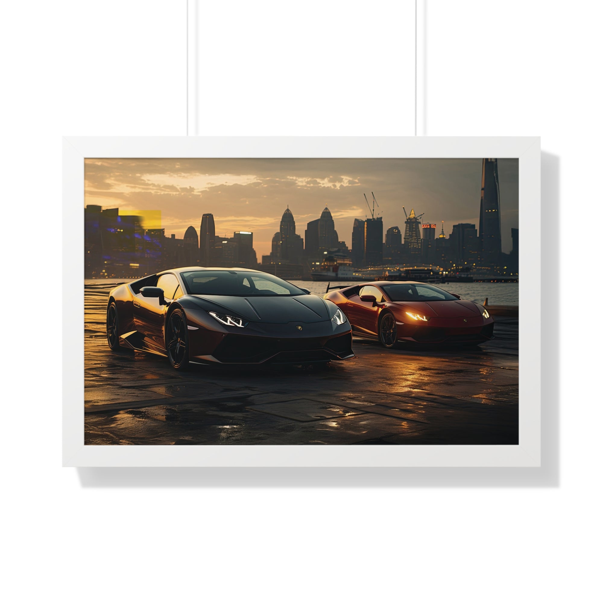 Lamborghinis Parked on a Waterfront at Sunset