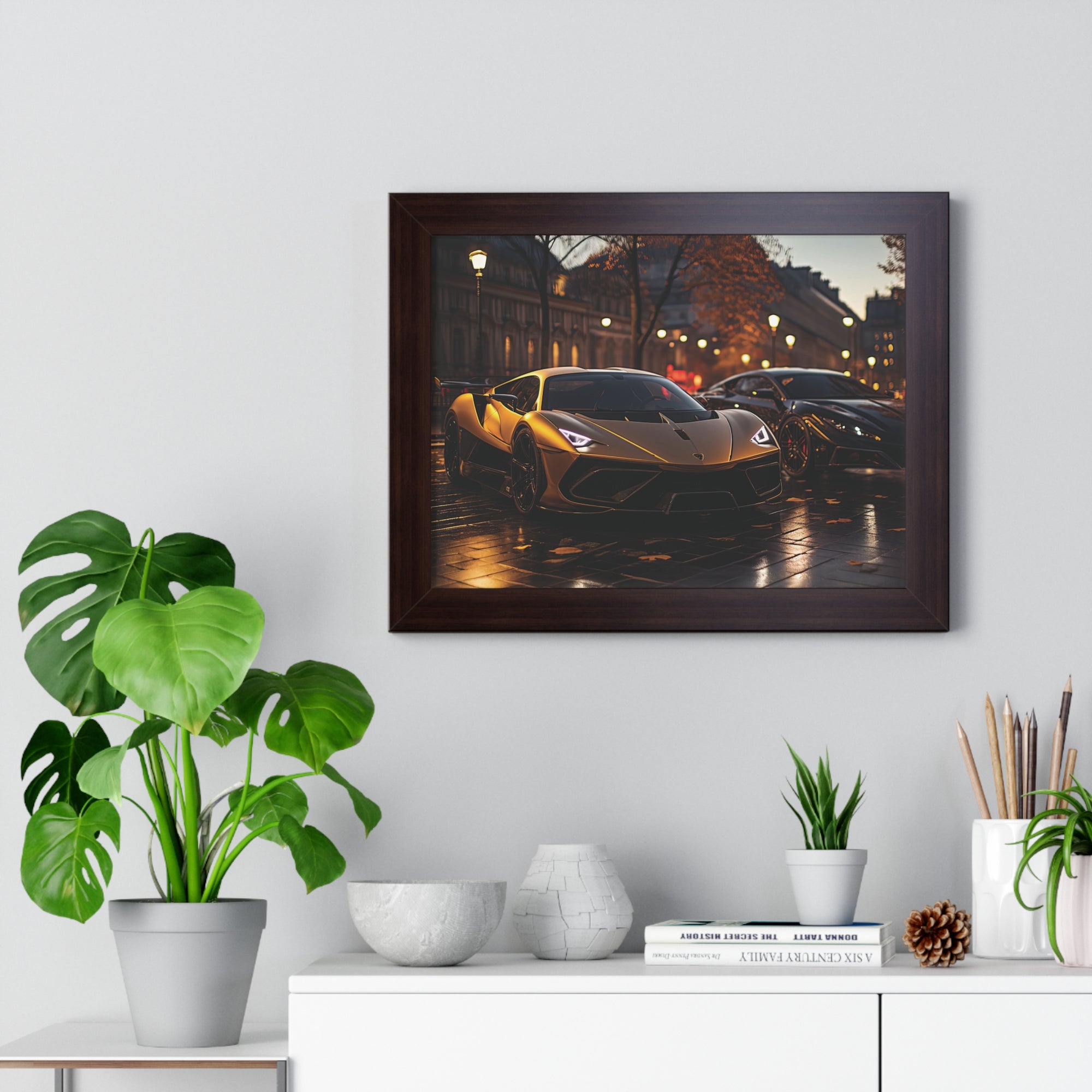 Modified Lamborghini Gold Print - A wet City Street at Night with illuminated Street Lamps