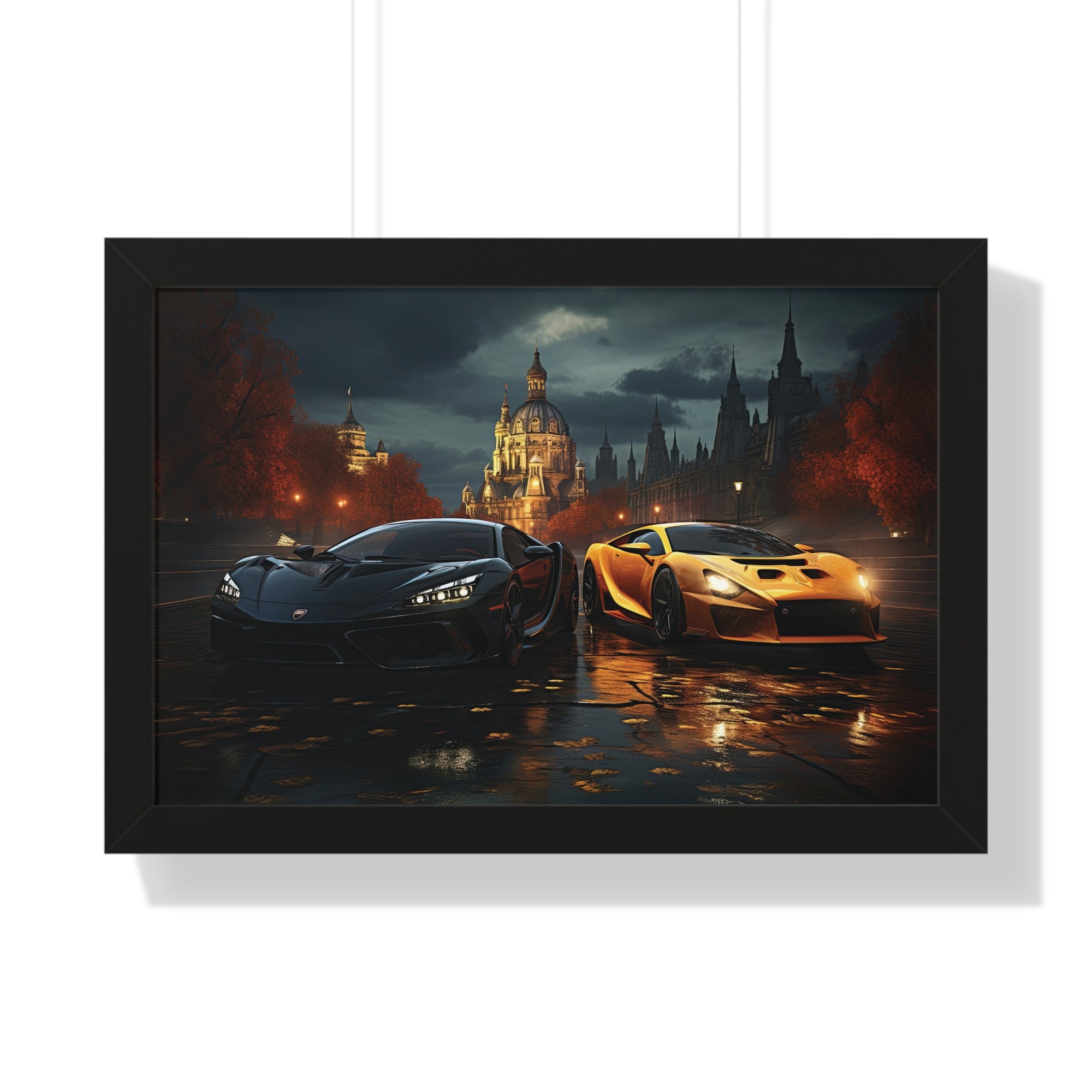 Two Lamborghinis set outside a illuminated Grand Building under a Cloudy Sky