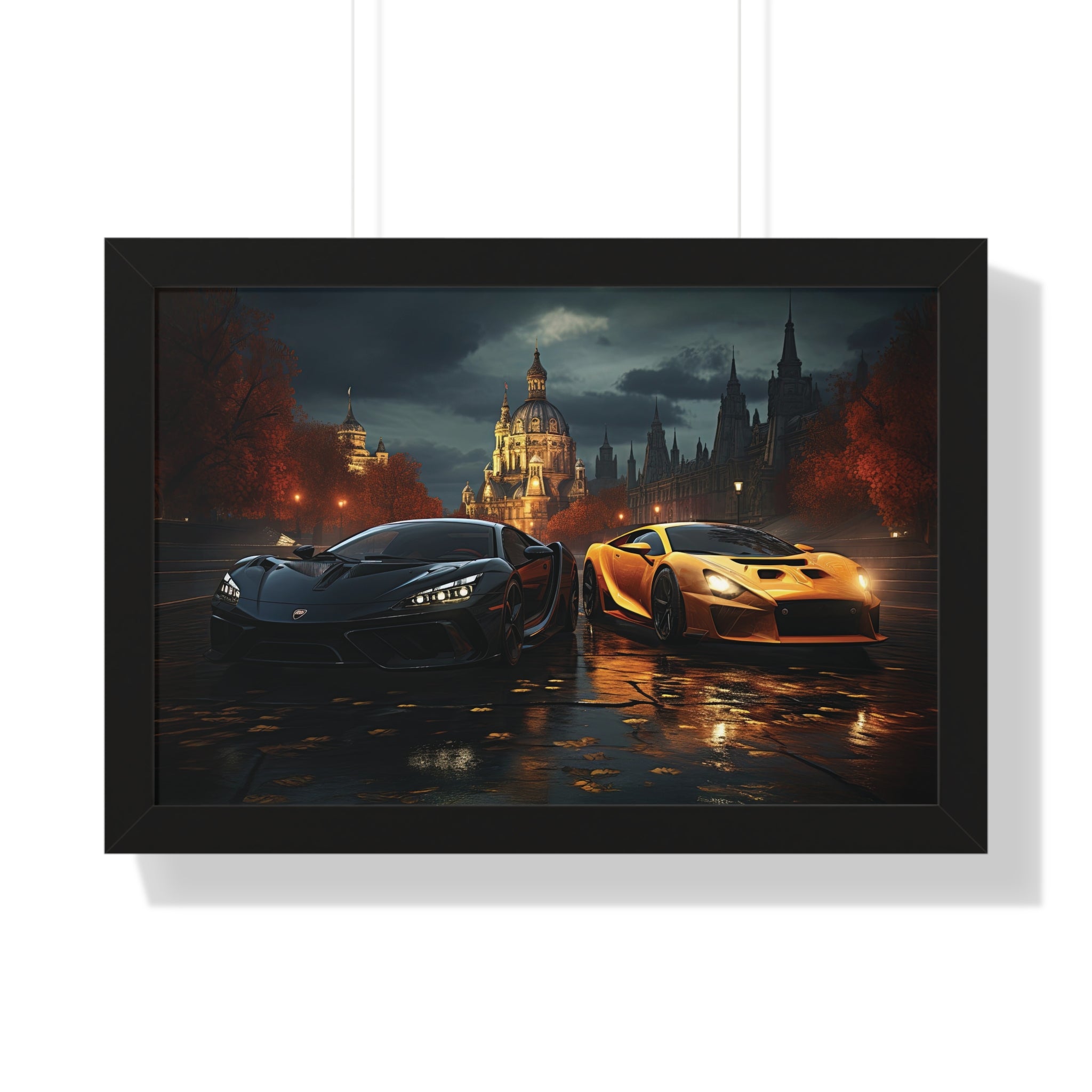Two Lamborghinis set outside a illuminated Grand Building under a Cloudy Sky