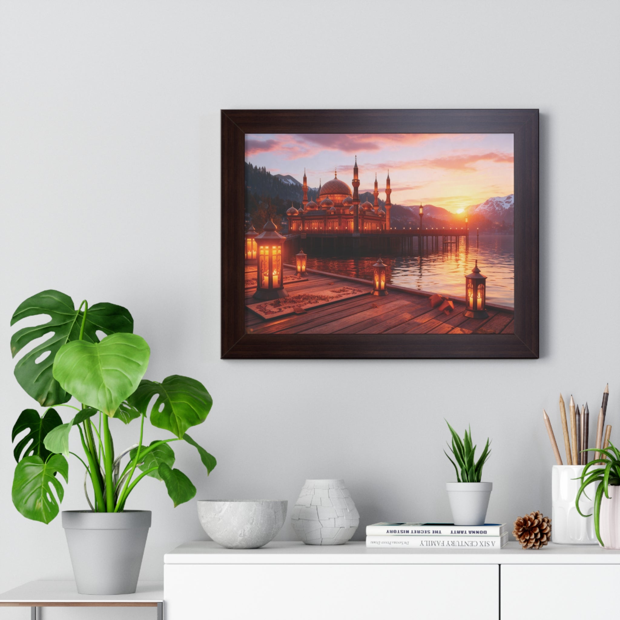 Twilight Serenity – Illuminated Mosque Reflections Framed Wall Art