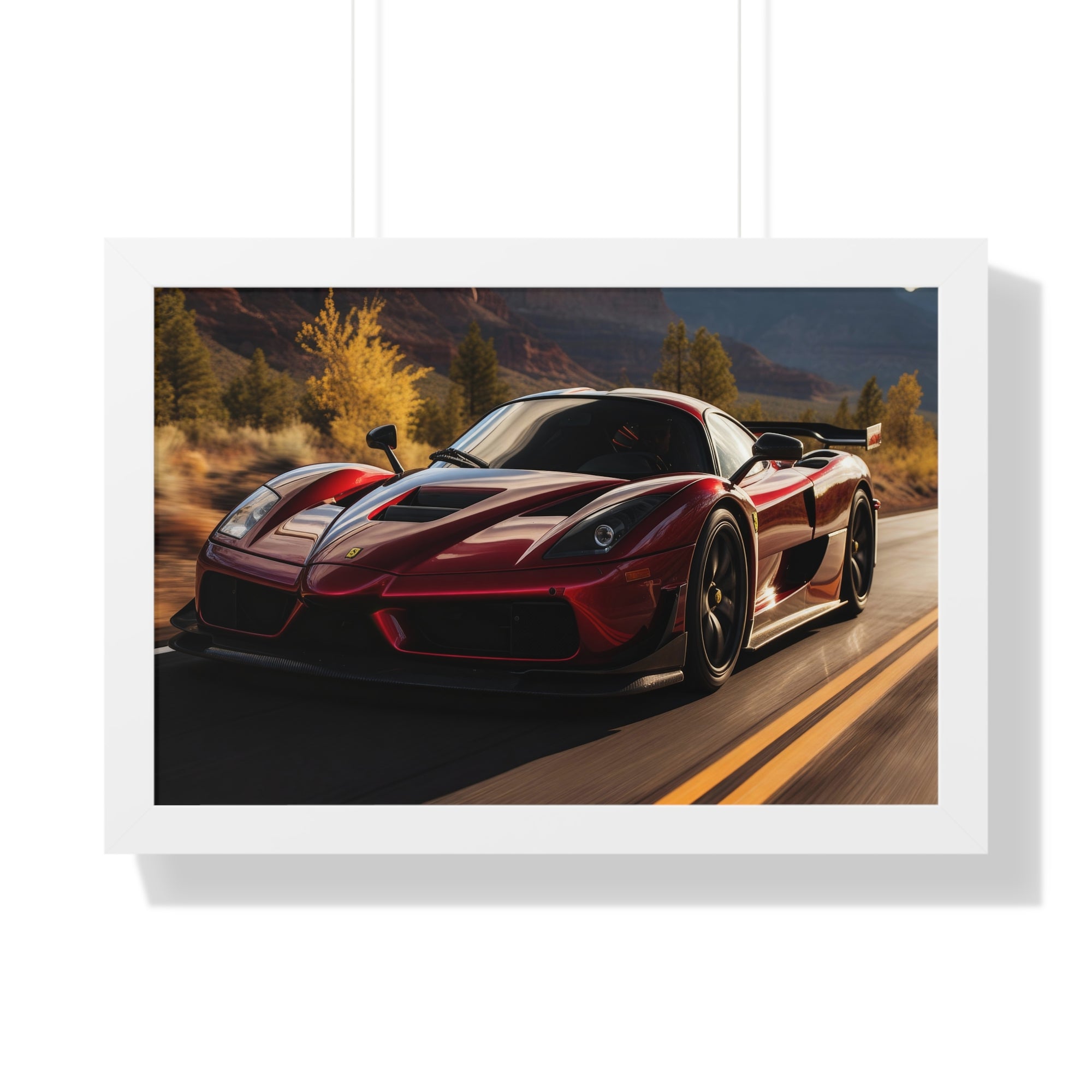 Red Ferrari F50 – Framed Poster in Majestic Mountain Setting