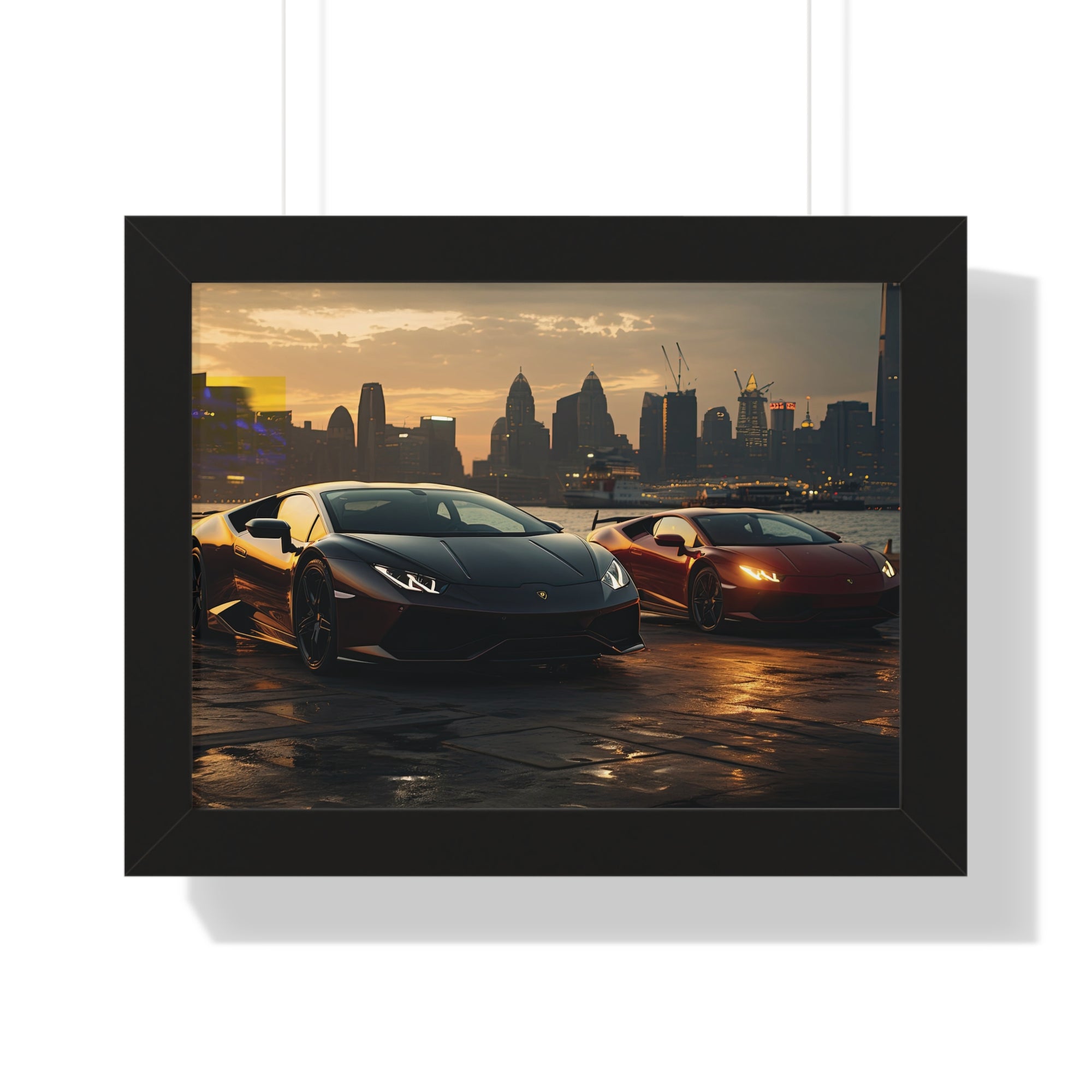 Lamborghinis Parked on a Waterfront at Sunset