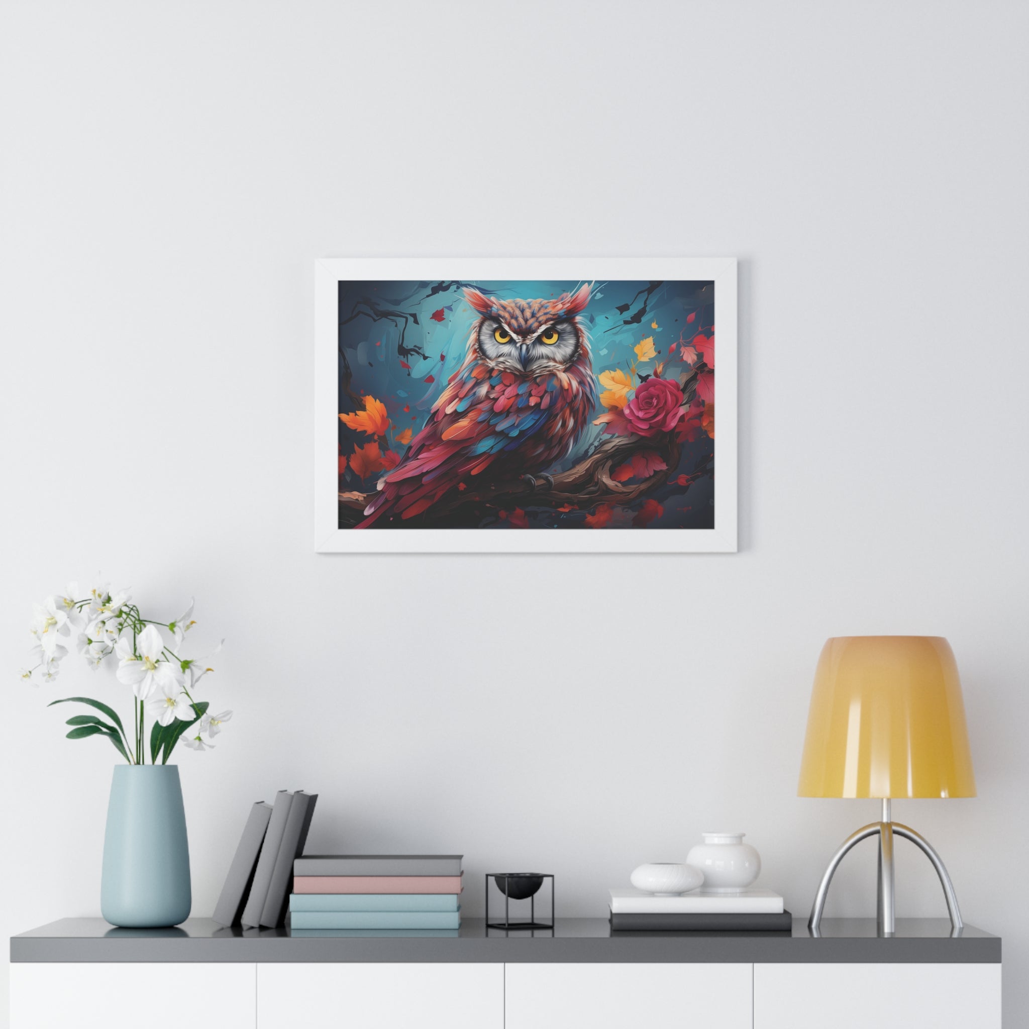Crimson Perch —🌹Vibrant Owl Wall Art with Autumn Bloom