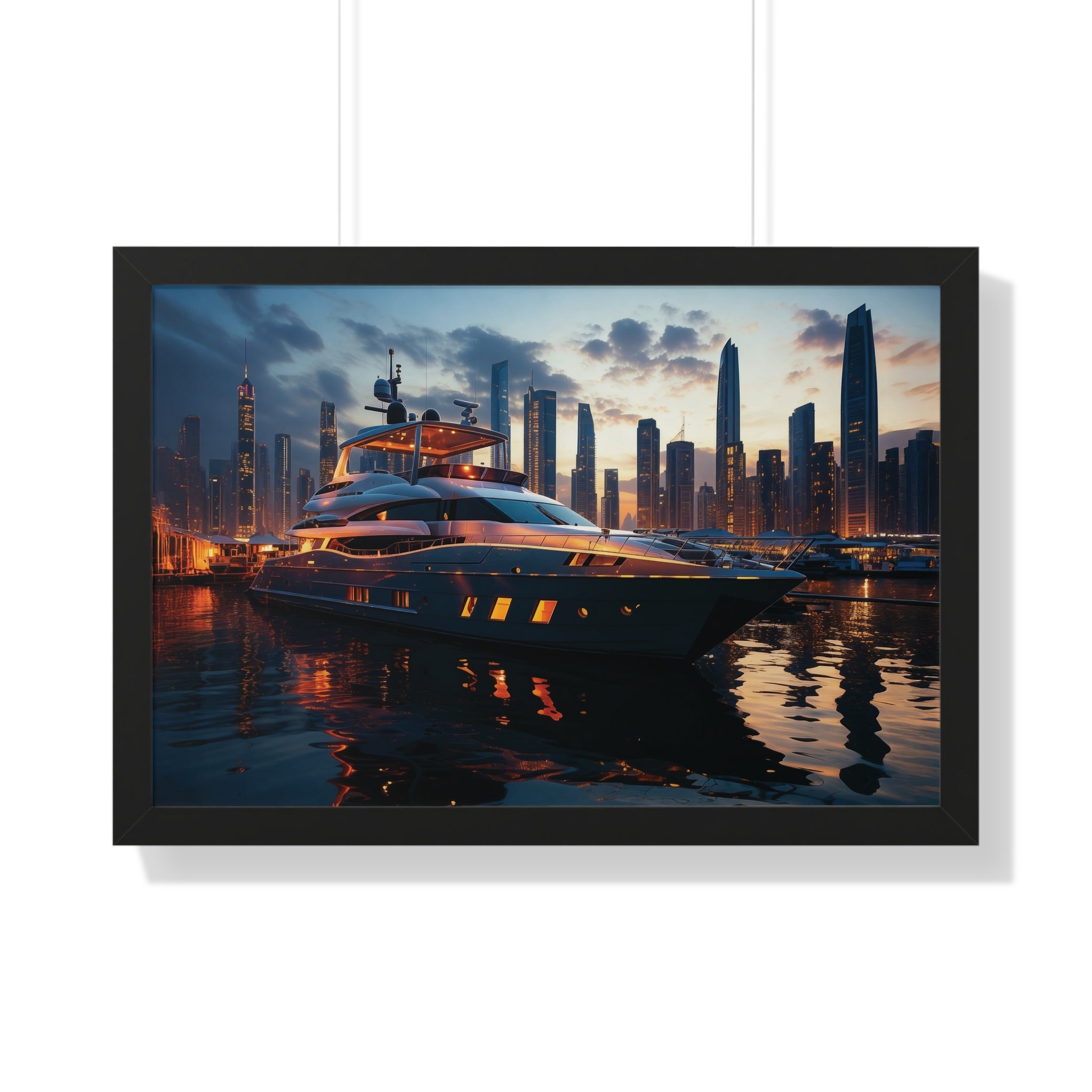 Framed Luxury Yacht at Sunset – Unique Marina Cityscape Wall Art