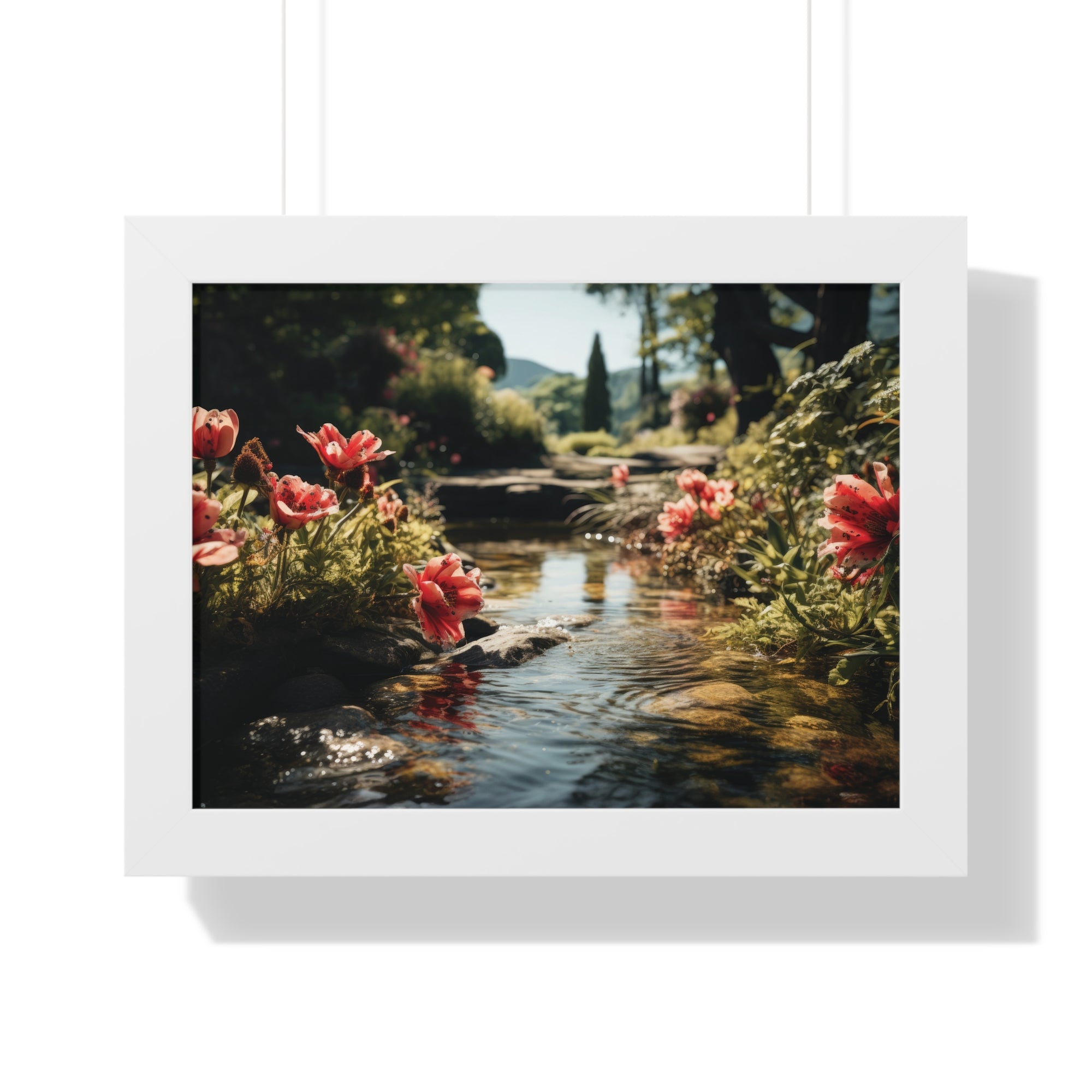 Tranquil Garden Stream with Scarlet Blooms