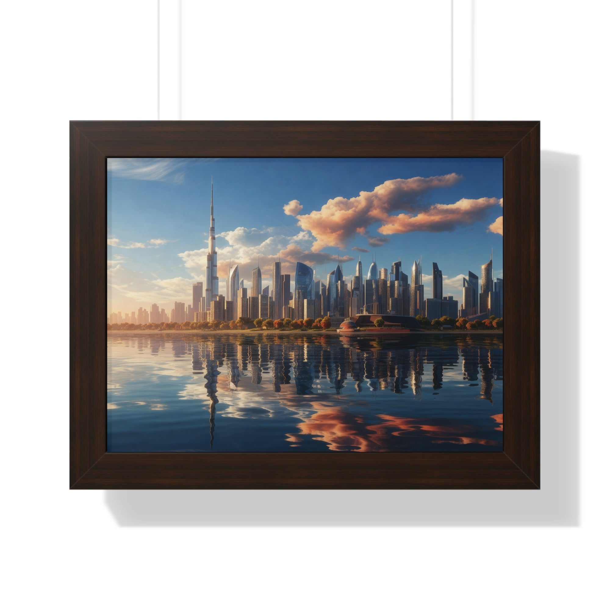 Framed Dubai Sunset Cityscape – Luxury Wall Art with Burj Khalifa for Elegant Interiors