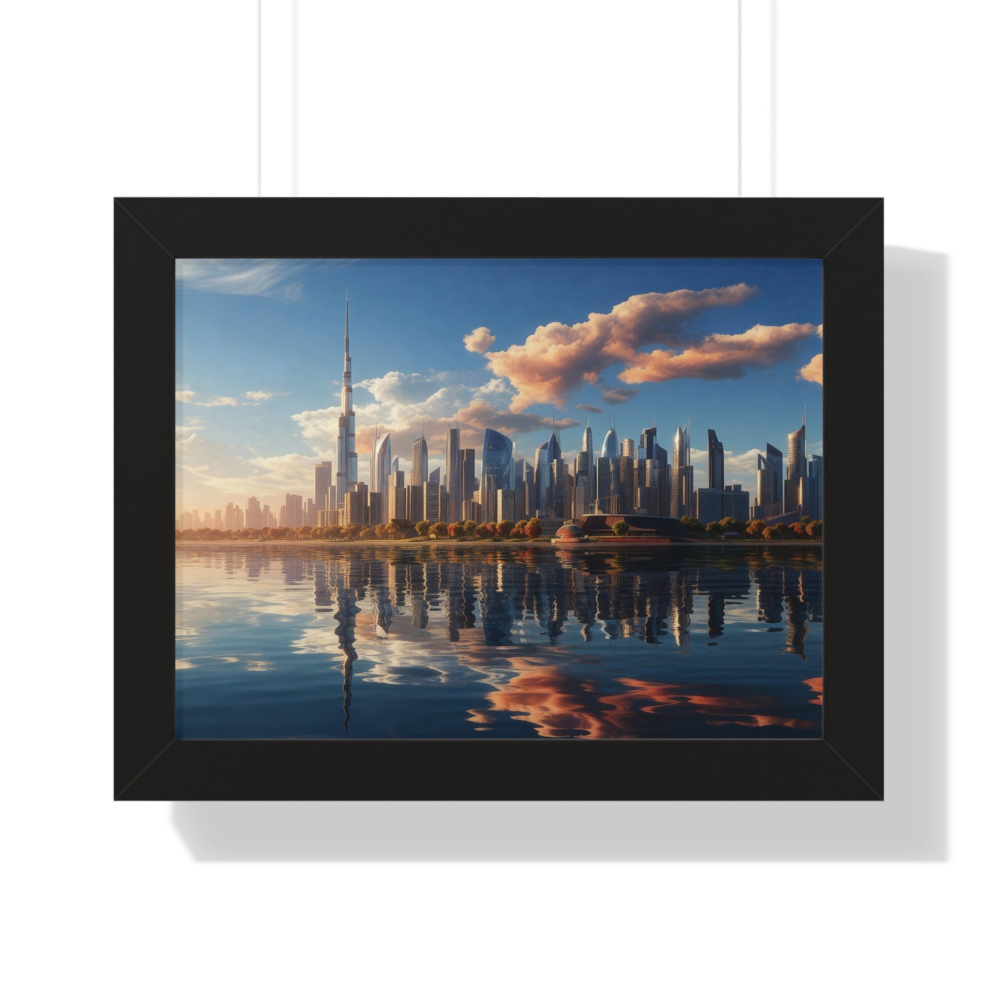 Framed Dubai Sunset Cityscape – Luxury Wall Art with Burj Khalifa for Elegant Interiors