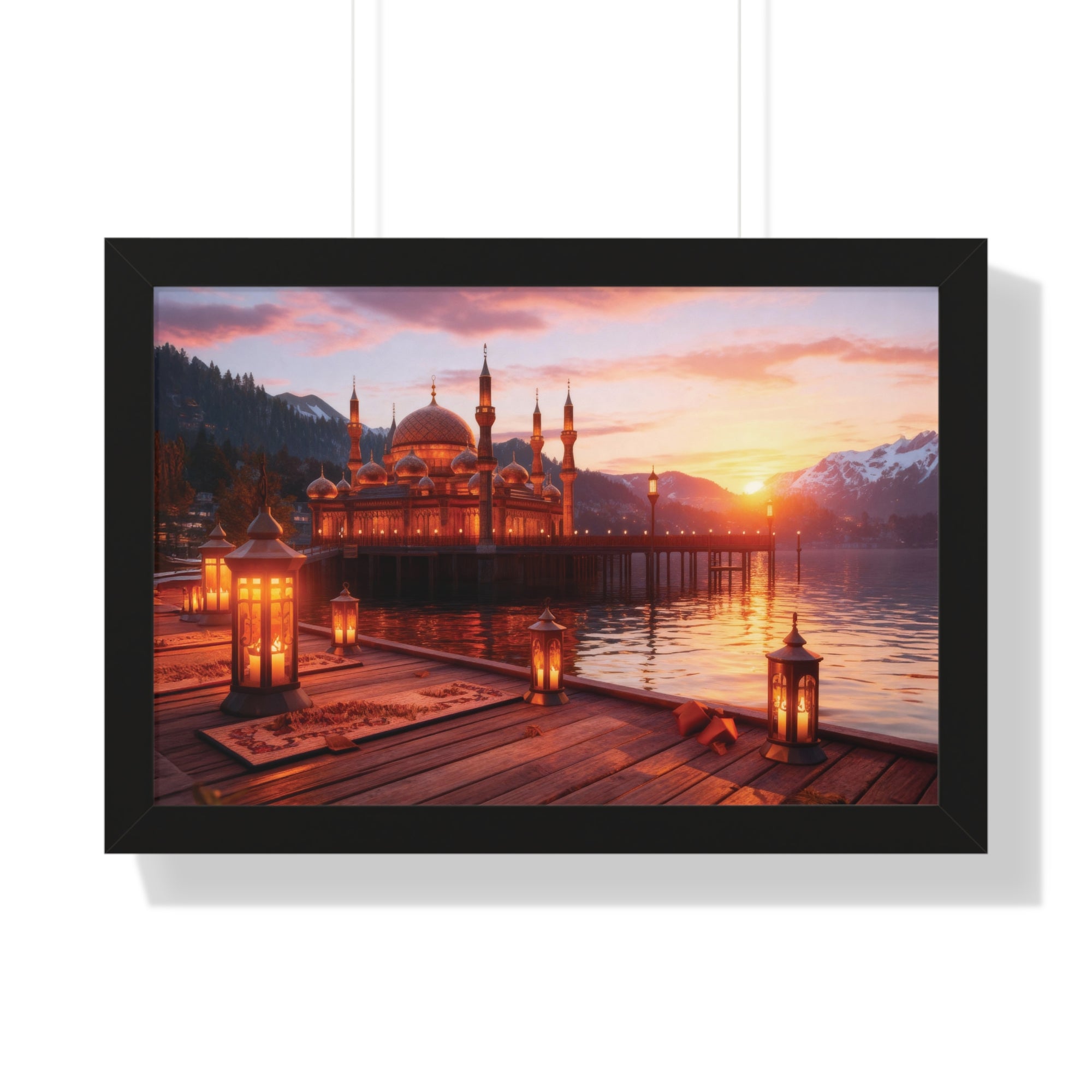 Twilight Serenity – Illuminated Mosque Reflections Framed Wall Art