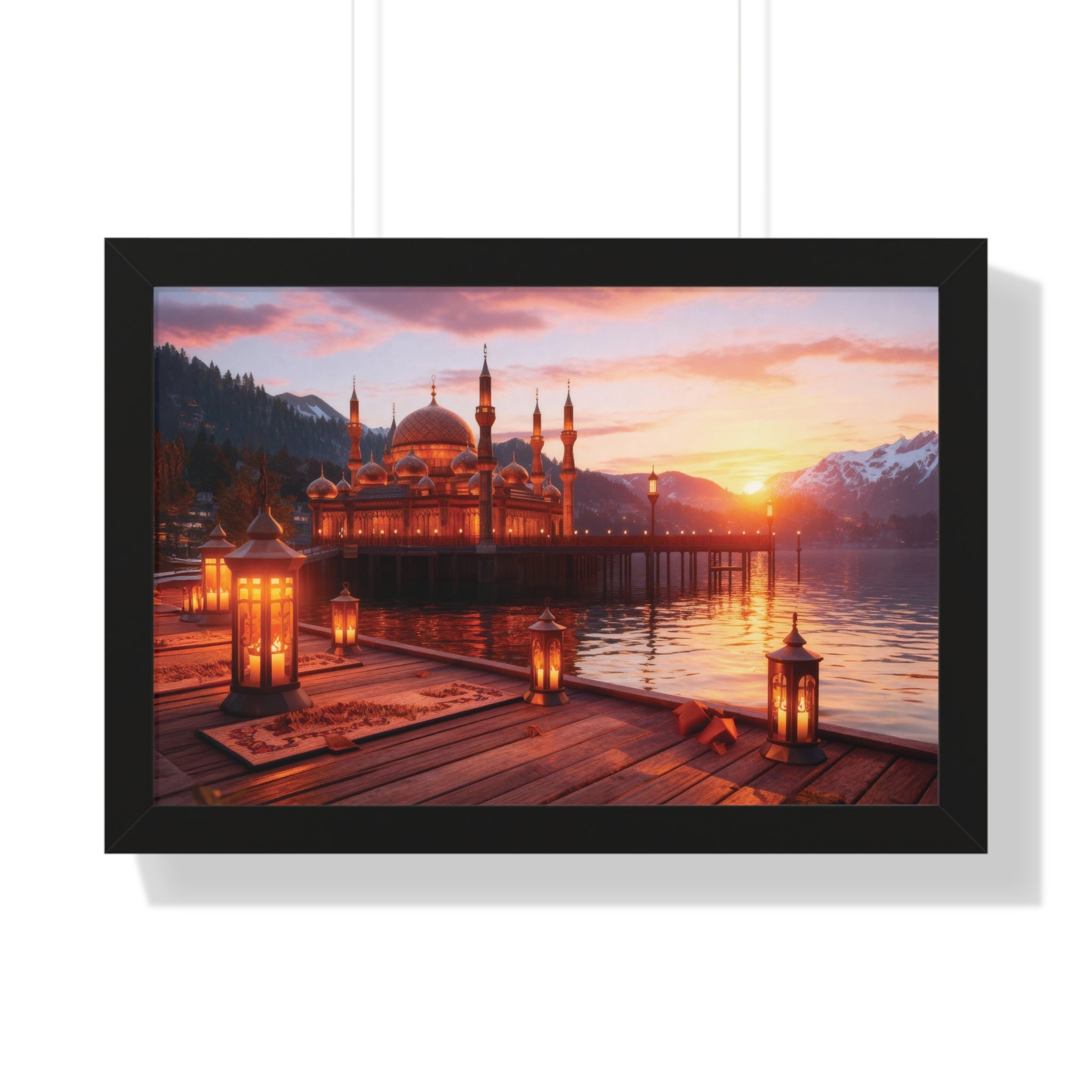 Twilight Serenity – Illuminated Mosque Reflections Framed Wall Art