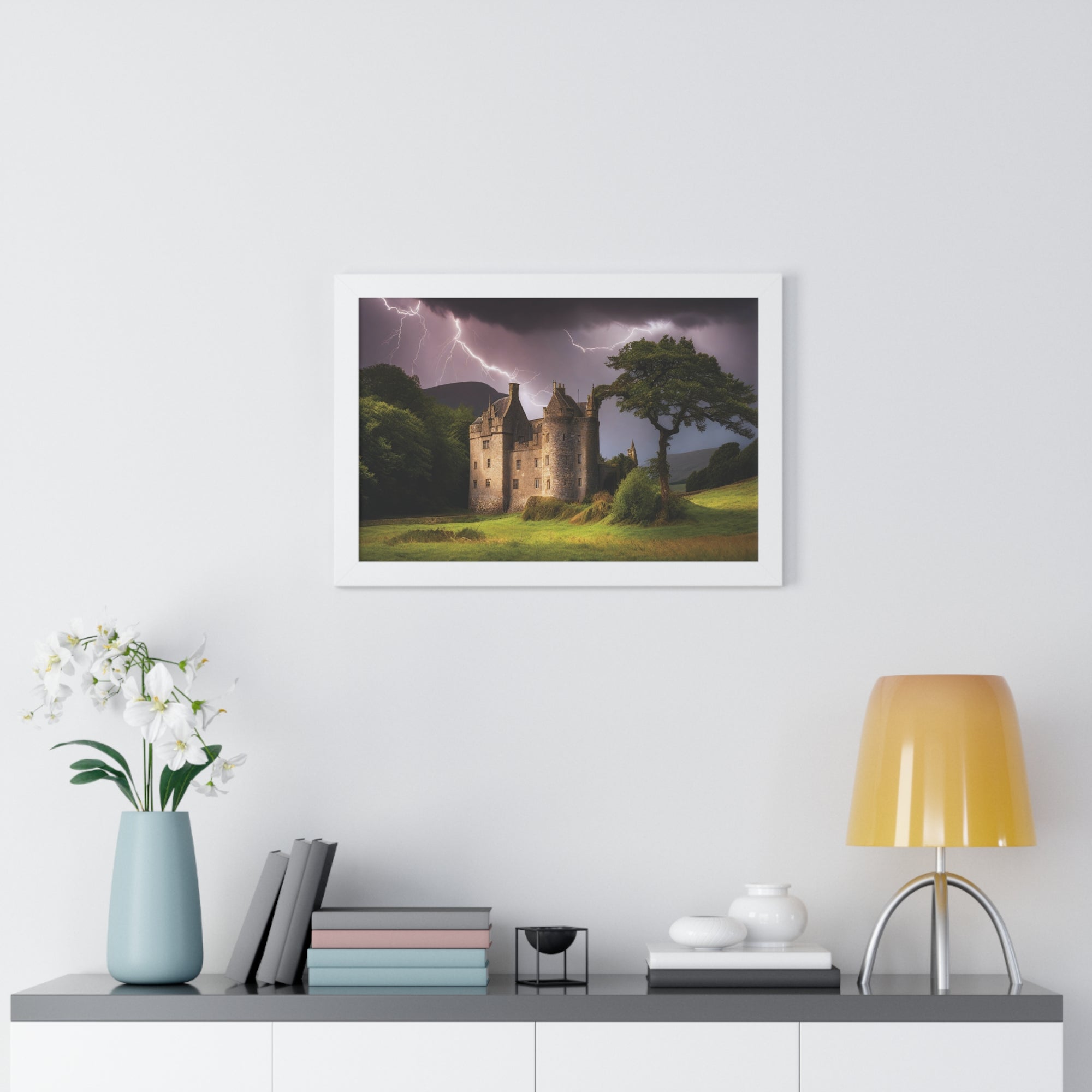 Mystic Castle Lightning Storm Wall Art – Dramatic Gothic Landscape Print