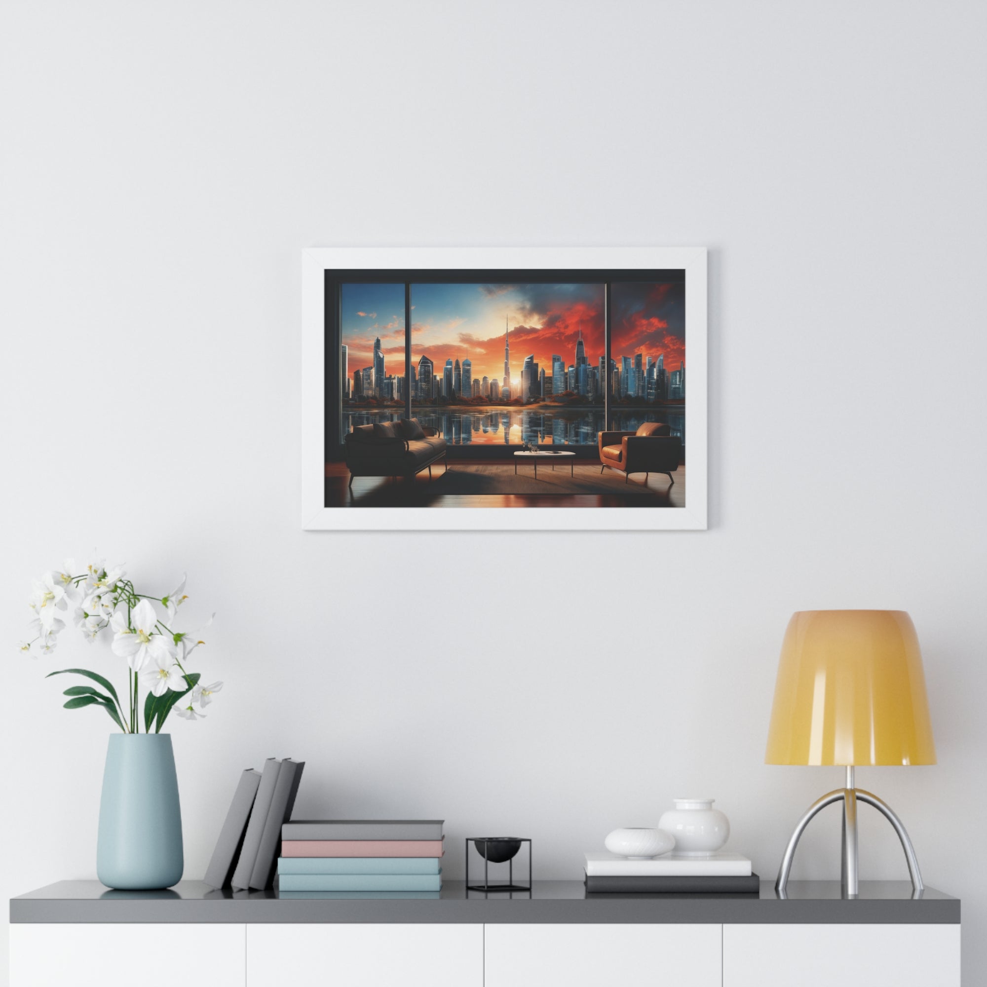 Framed Luxury City View – Modern Living Room Wall Art with Skyline Sunset Reflection