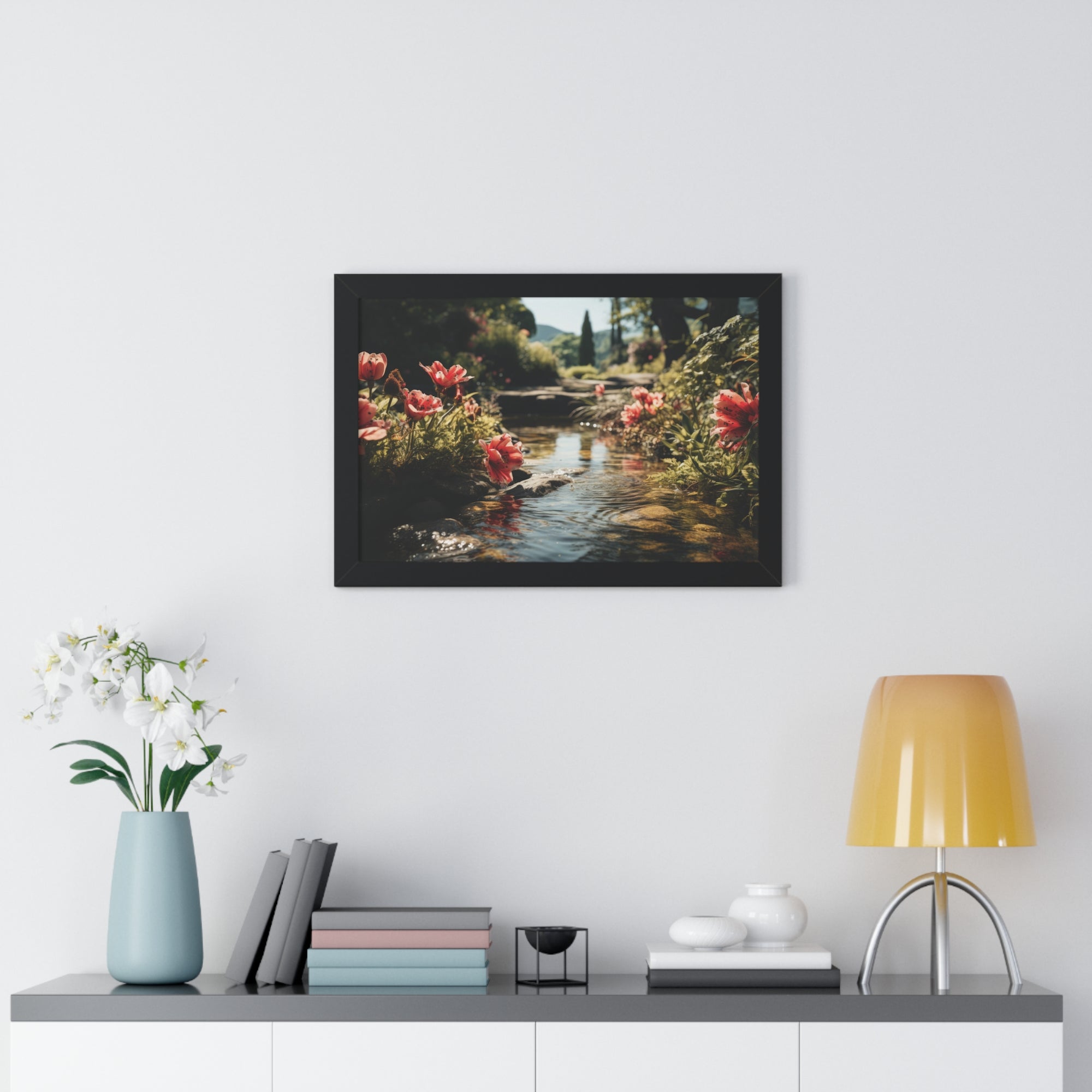 Tranquil Garden Stream with Scarlet Blooms
