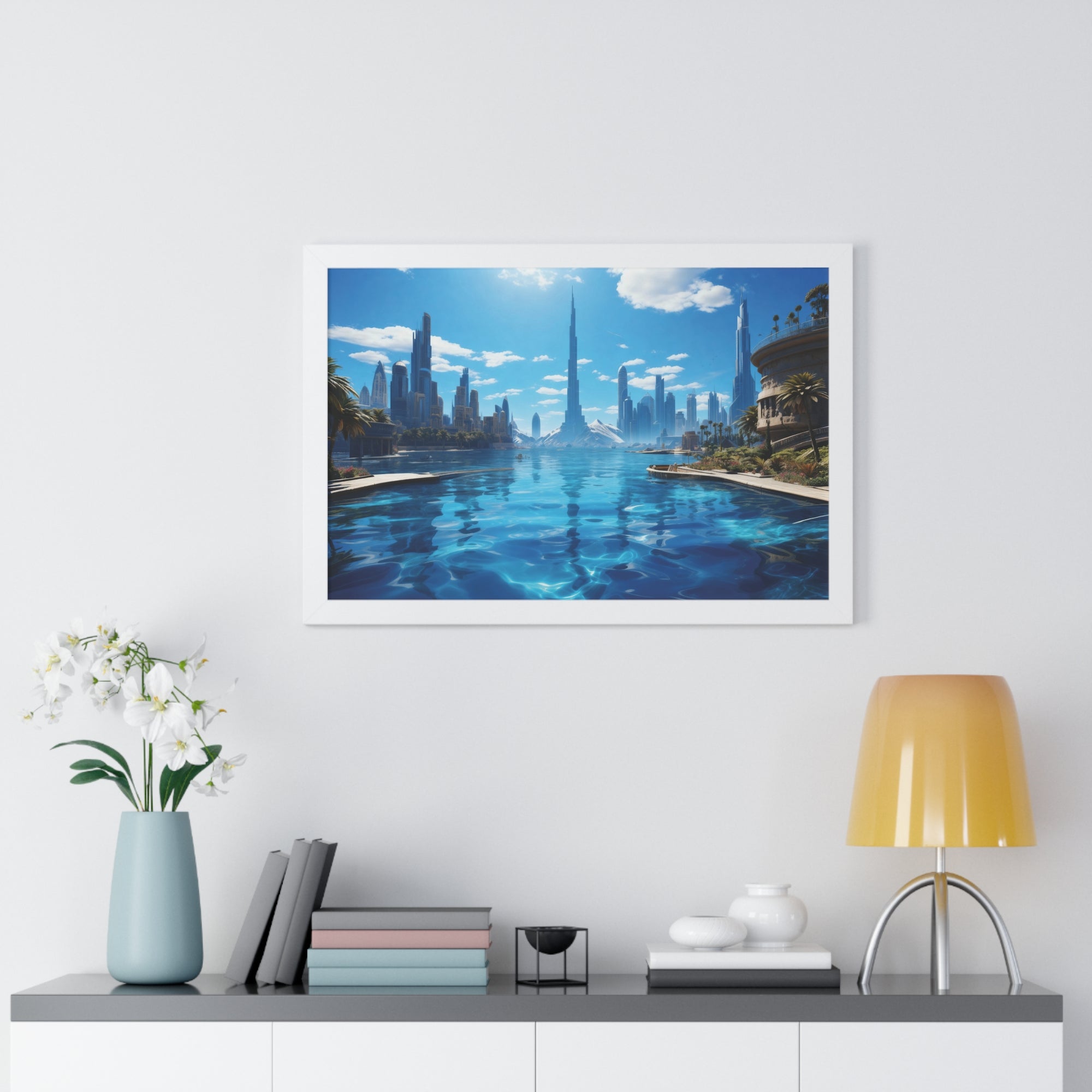 Futuristic Waterfront Skyline – Framed Wall Art with Palm Trees & Ultra-Modern Architecture