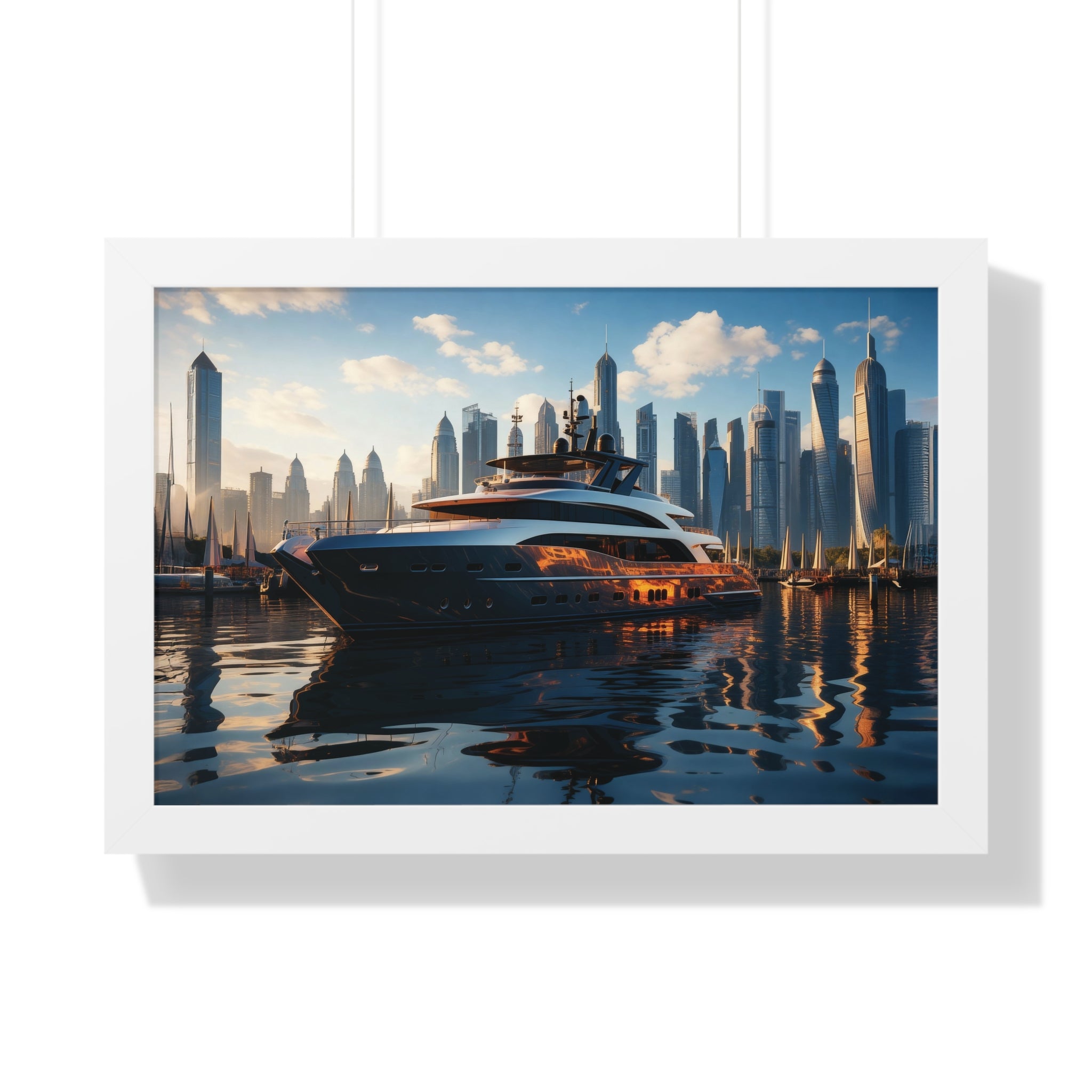 Luxury Yacht Marina at Sunset – Framed Cityscape Wall Art for Modern Interiors