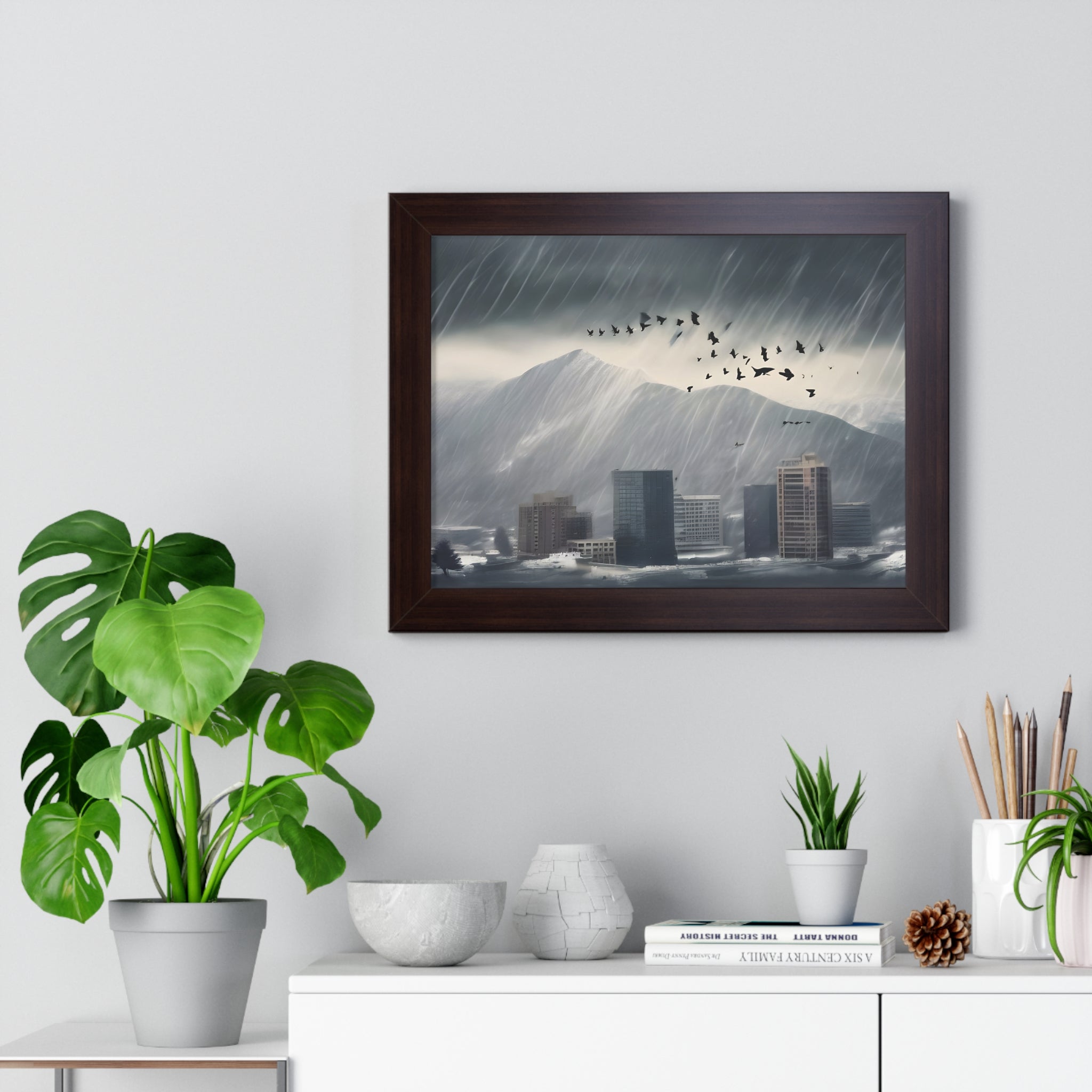 Urban Downpour with Birds in Flight – Futuristic Wall Print