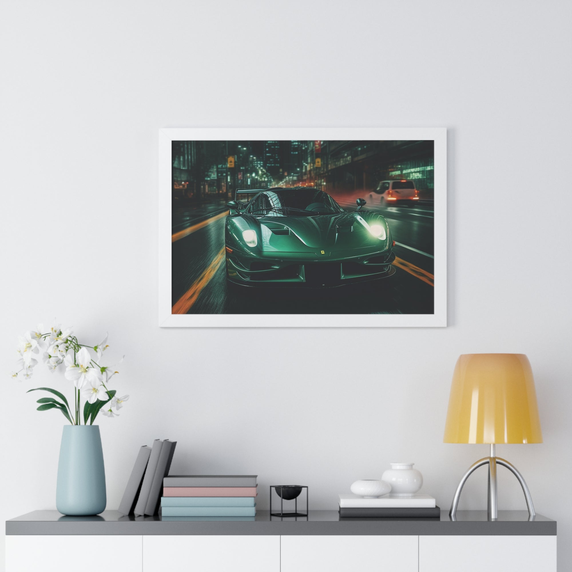 Framed Emerald Green Ferrari F50 Horizontal Poster | Supercar Wall Art