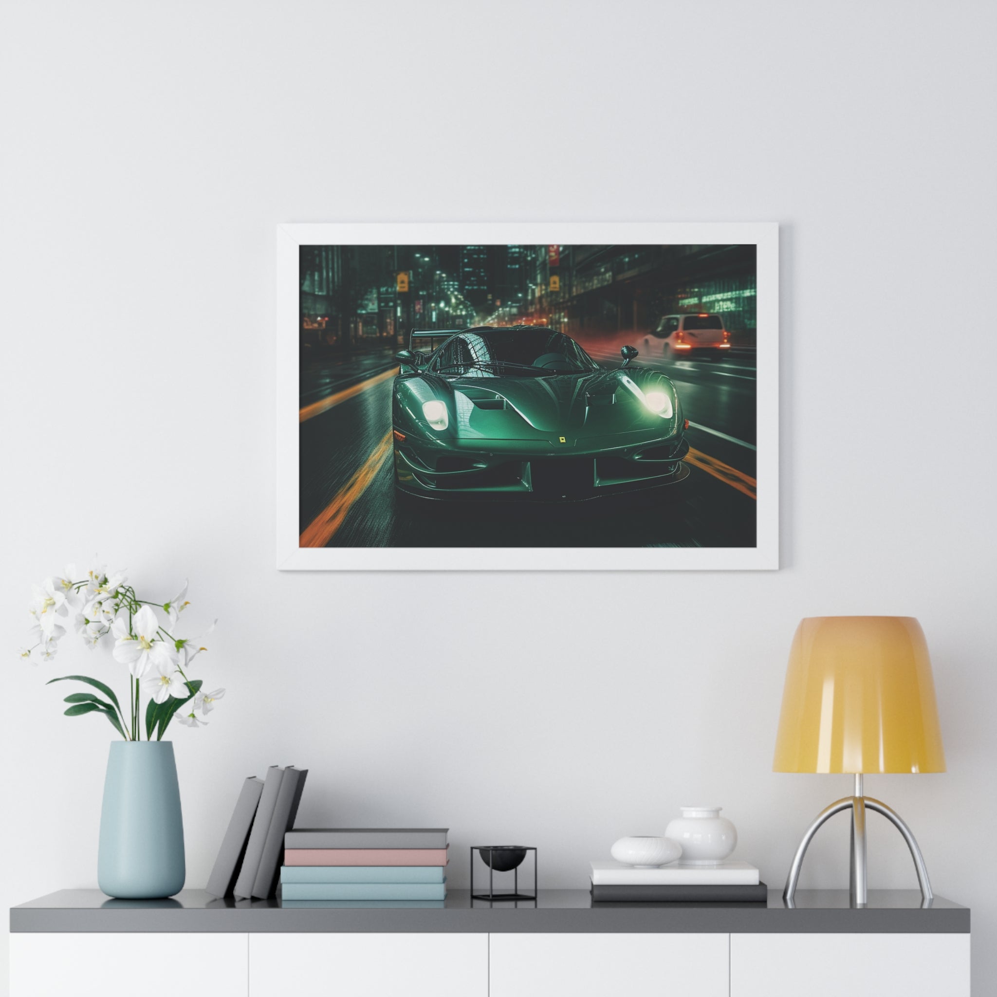 Framed Emerald Green Ferrari F50 Horizontal Poster | Supercar Wall Art