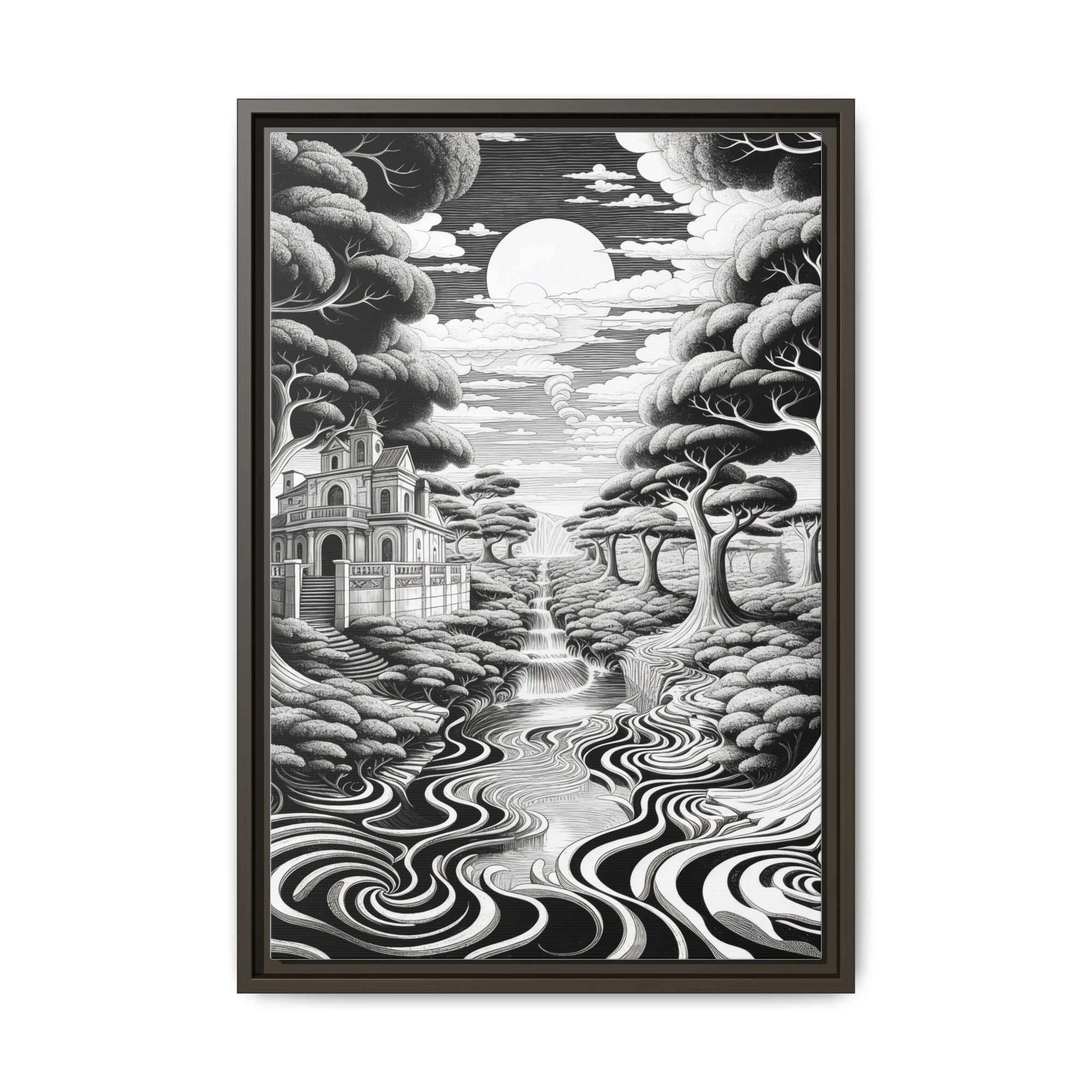Enchanted River & Mansion Scene Luxury Landscape Wall Art
