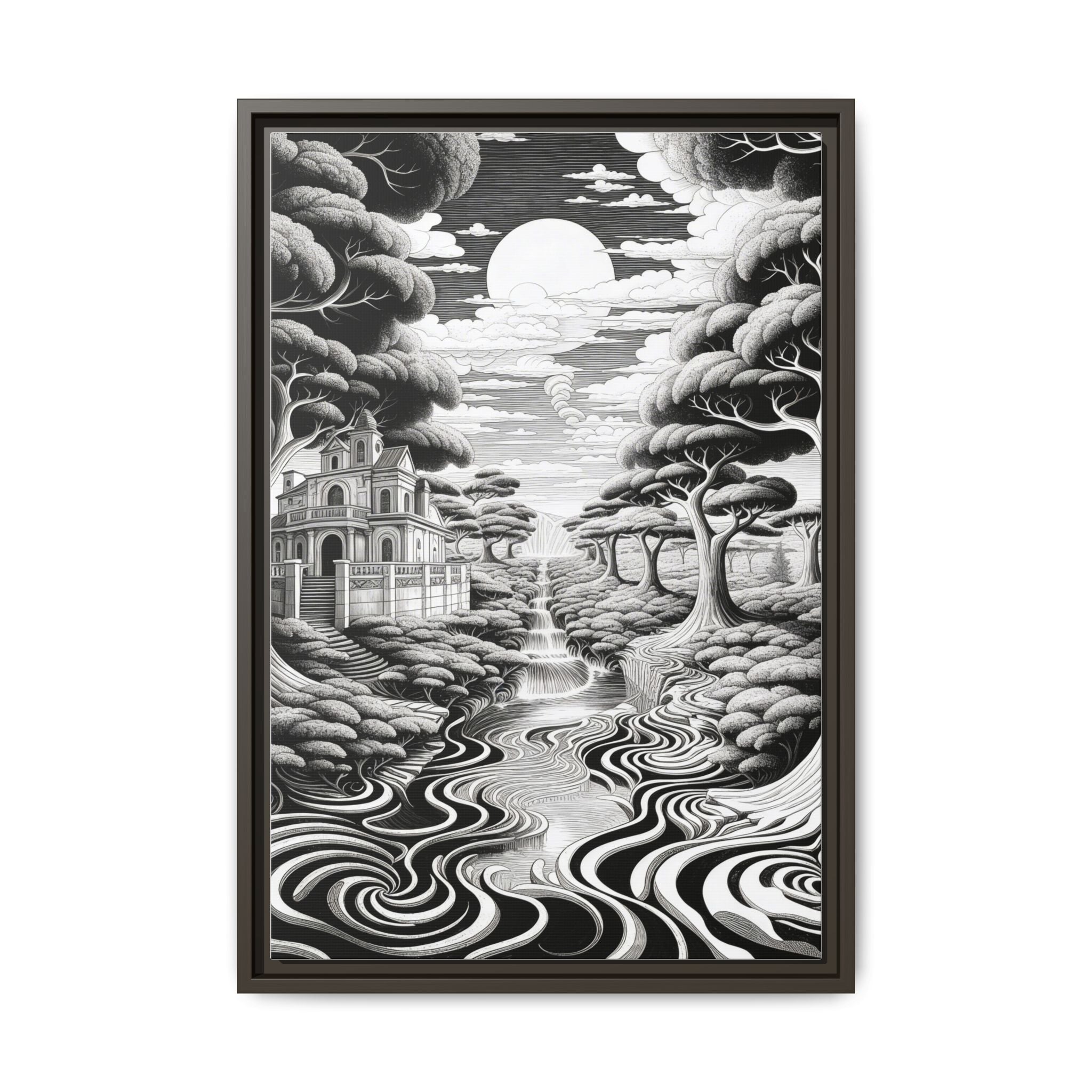 Enchanted River & Mansion Scene Luxury Landscape Wall Art