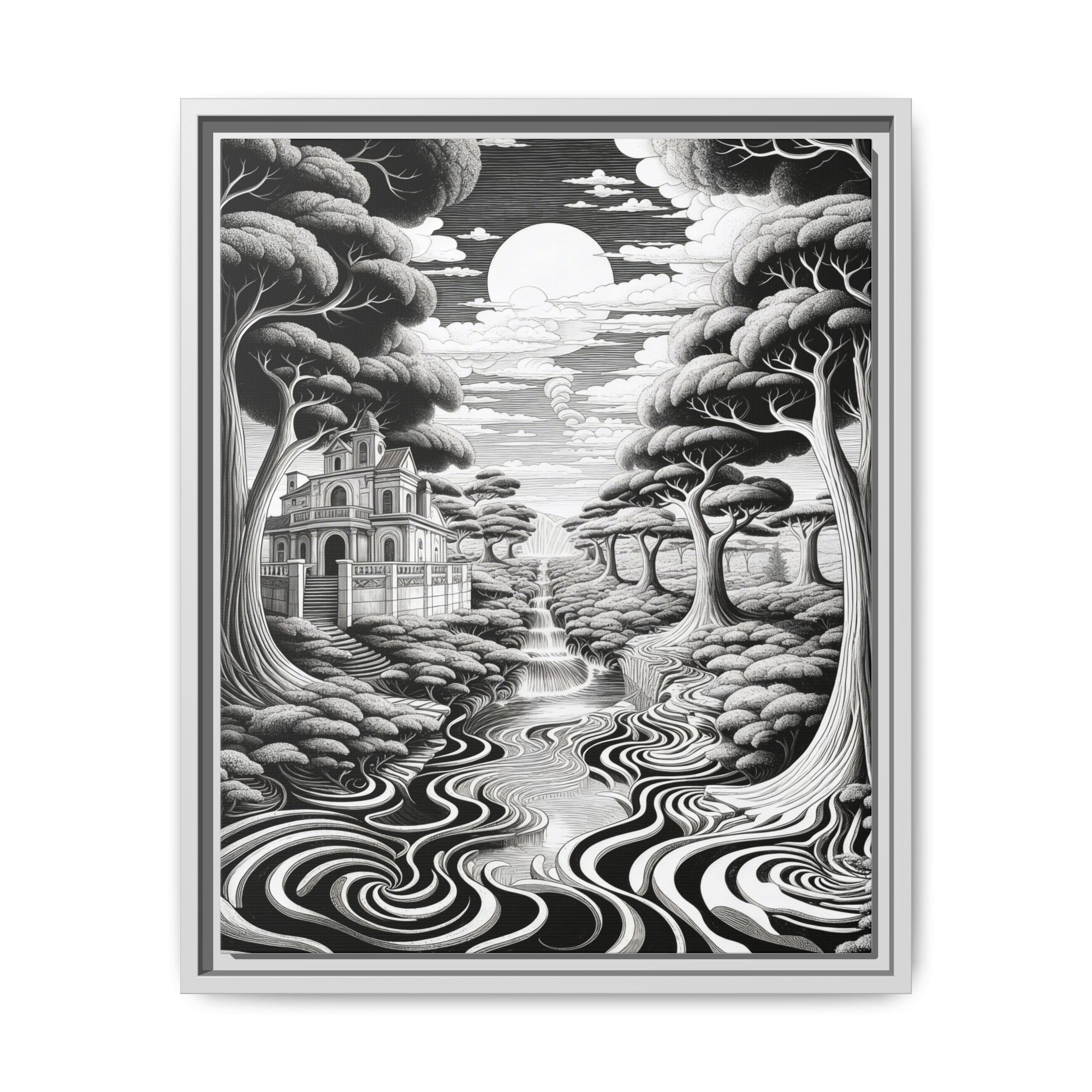 Enchanted River & Mansion Scene Luxury Landscape Wall Art