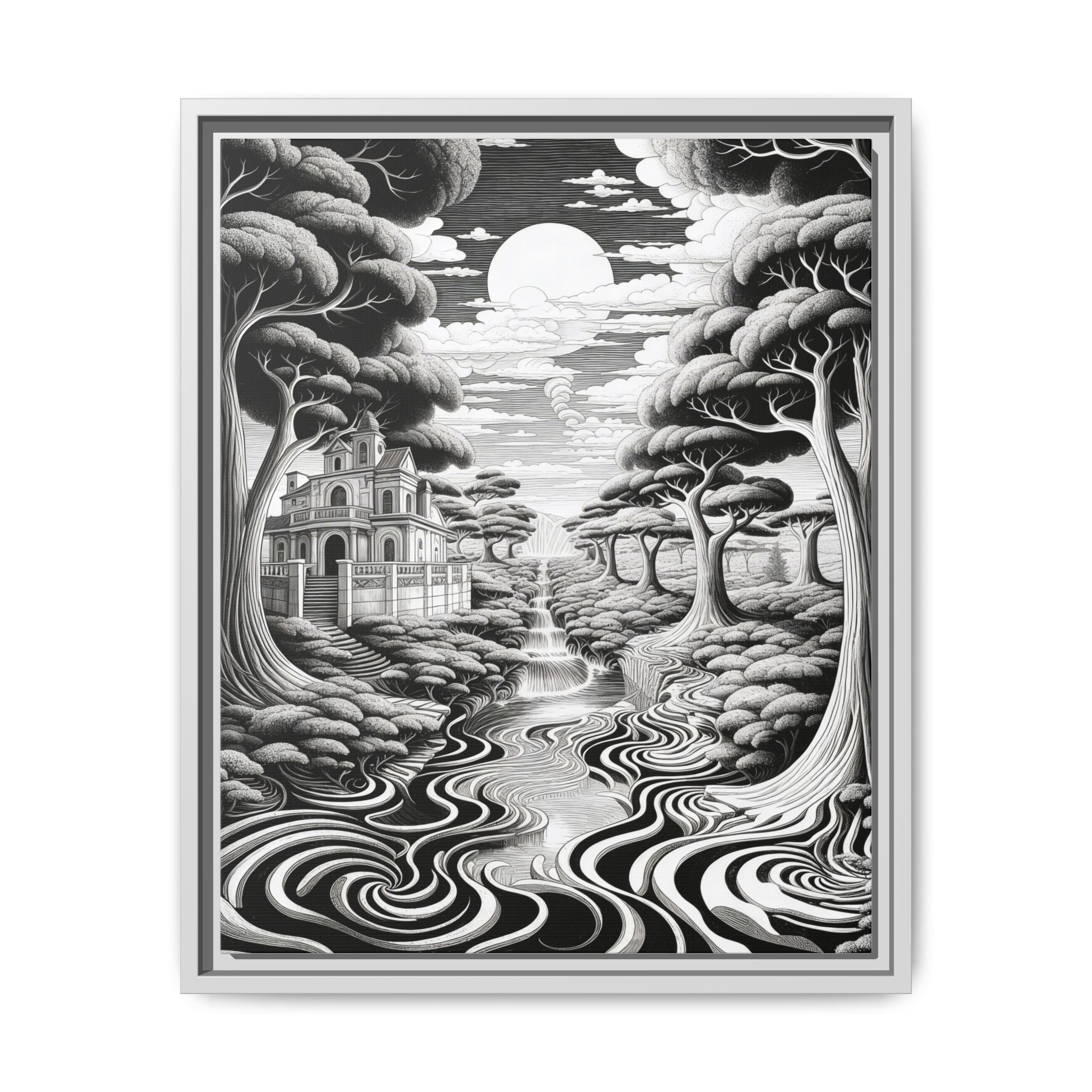 Enchanted River & Mansion Scene Luxury Landscape Wall Art