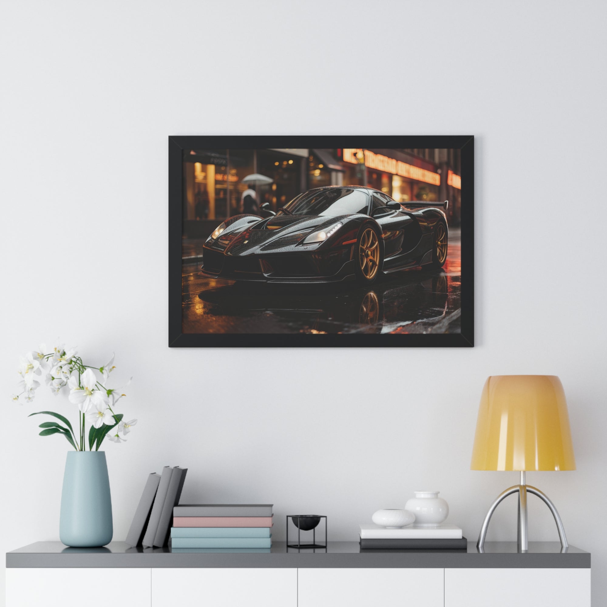 Framed Black Ferrari F50 Poster – Bold Automotive Statement Piece