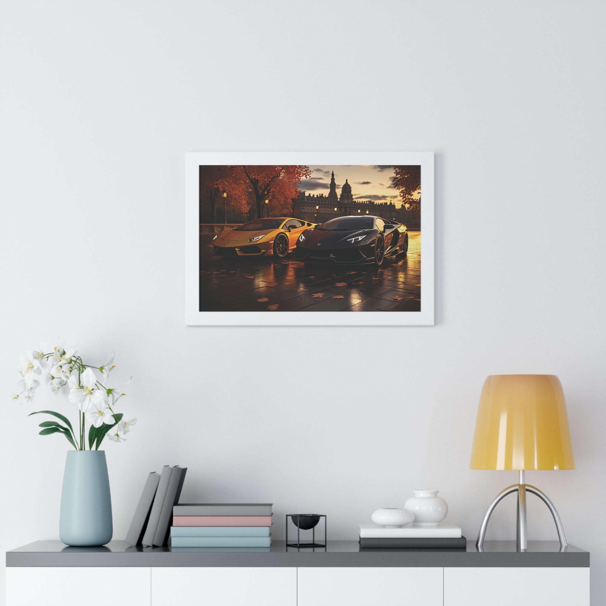 Gold Lamborghini Huracán and a Black Lamborghini Aventador – Premium Framed Print