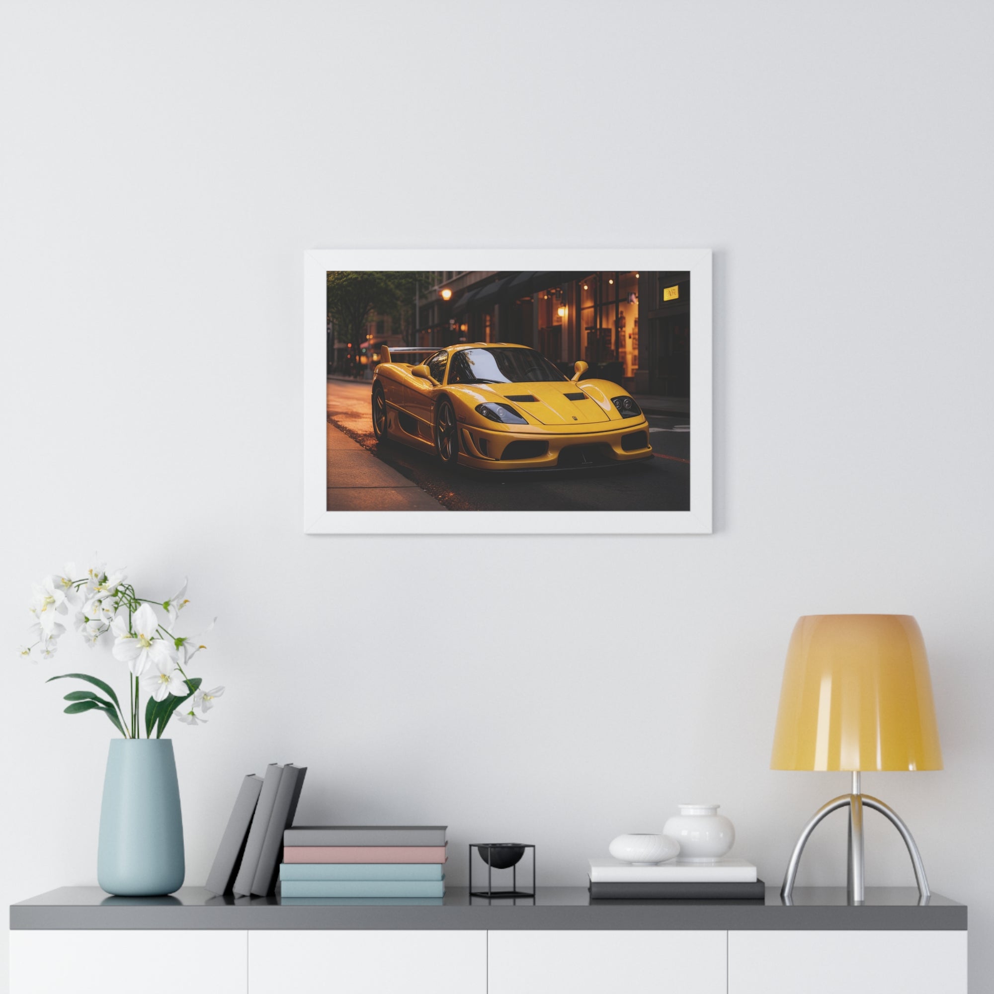 Framed Supercar Poster – Yellow Ferrari F50 in Manhattan