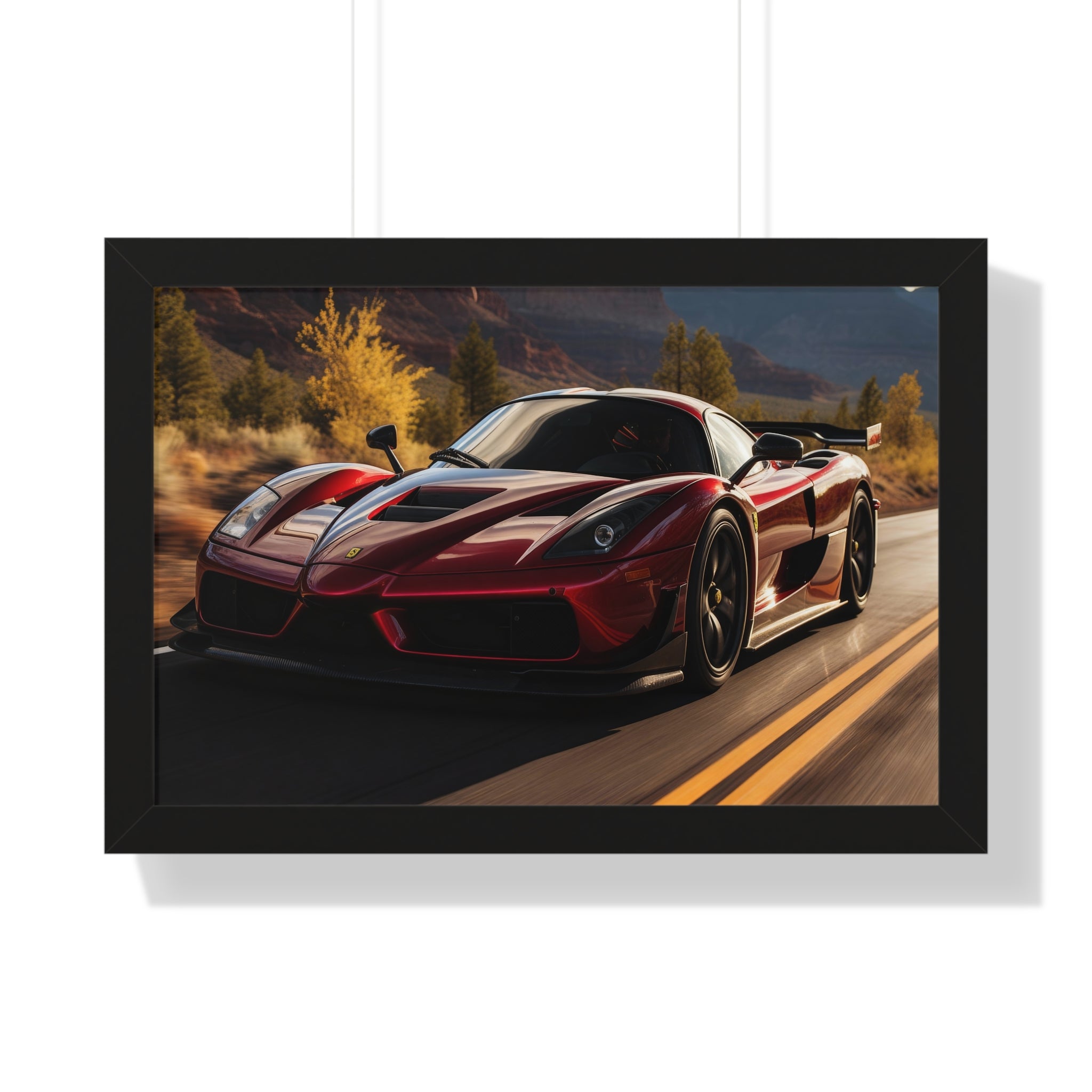 Red Ferrari F50 – Framed Poster in Majestic Mountain Setting