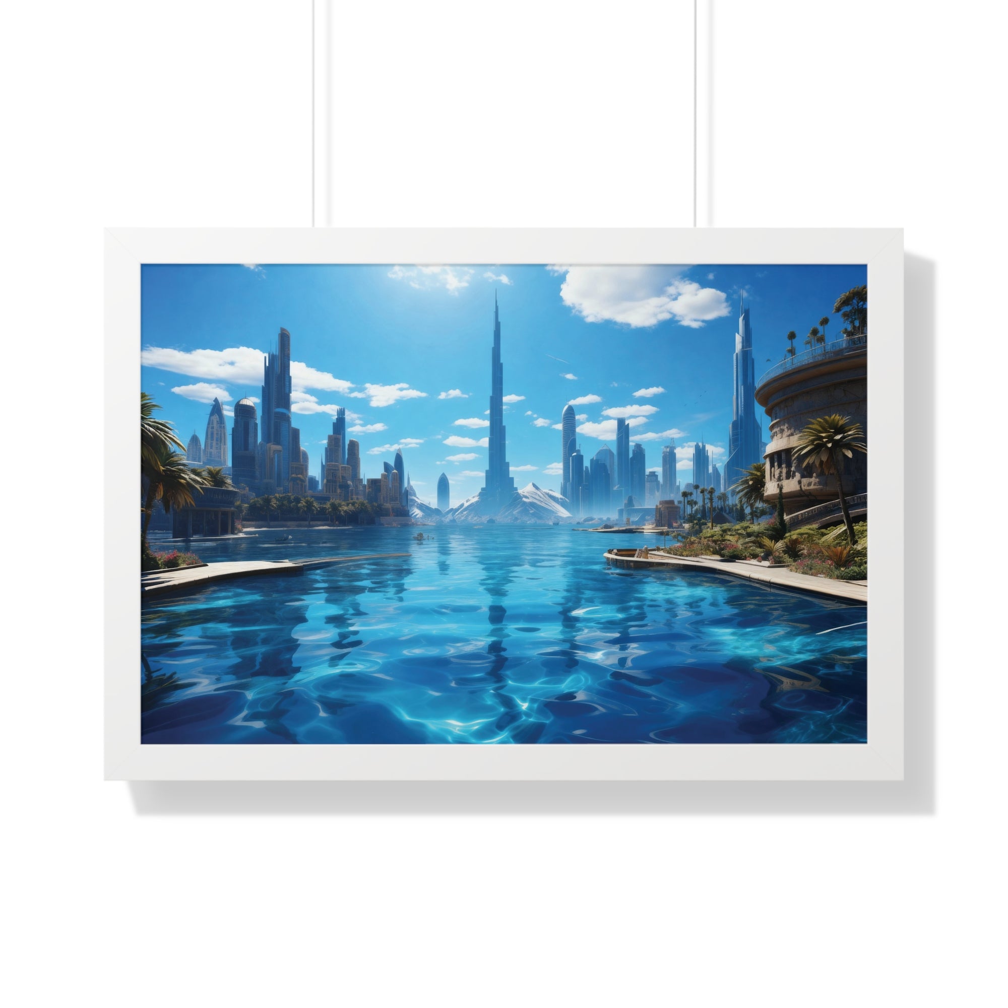 Futuristic Waterfront Skyline – Framed Wall Art with Palm Trees & Ultra-Modern Architecture