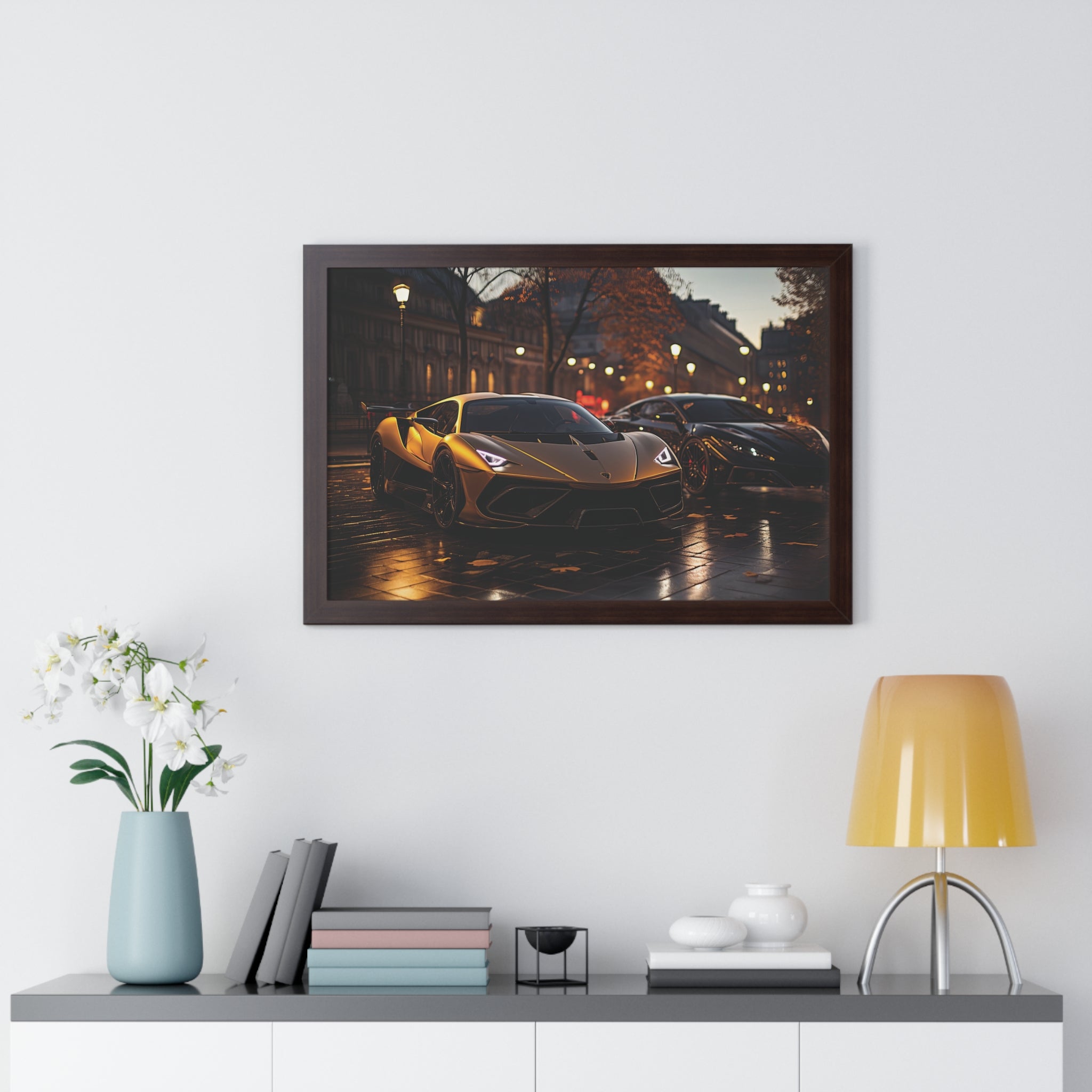 Modified Lamborghini Gold Print - A wet City Street at Night with illuminated Street Lamps