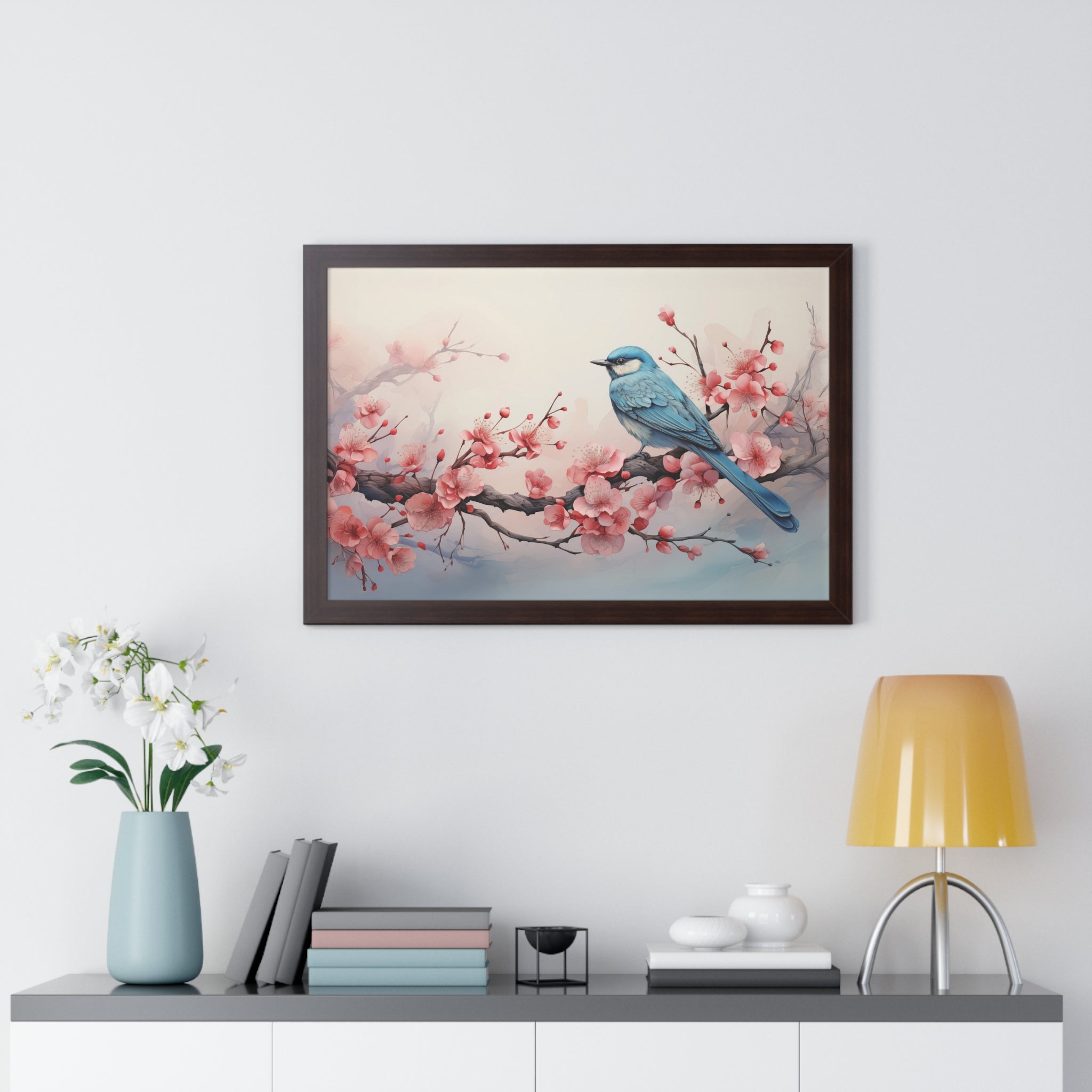 Blue Jay in Bloom  Botanical Wall Art with Cherry Blossoms