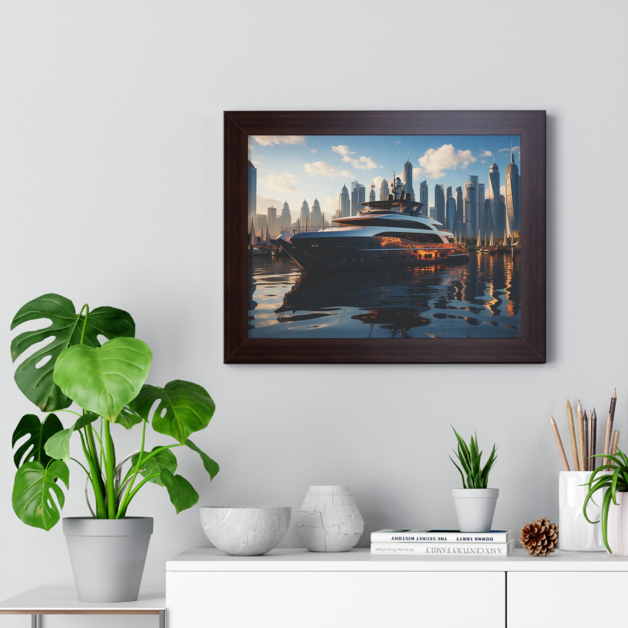 Luxury Yacht Marina at Sunset – Framed Cityscape Wall Art for Modern Interiors