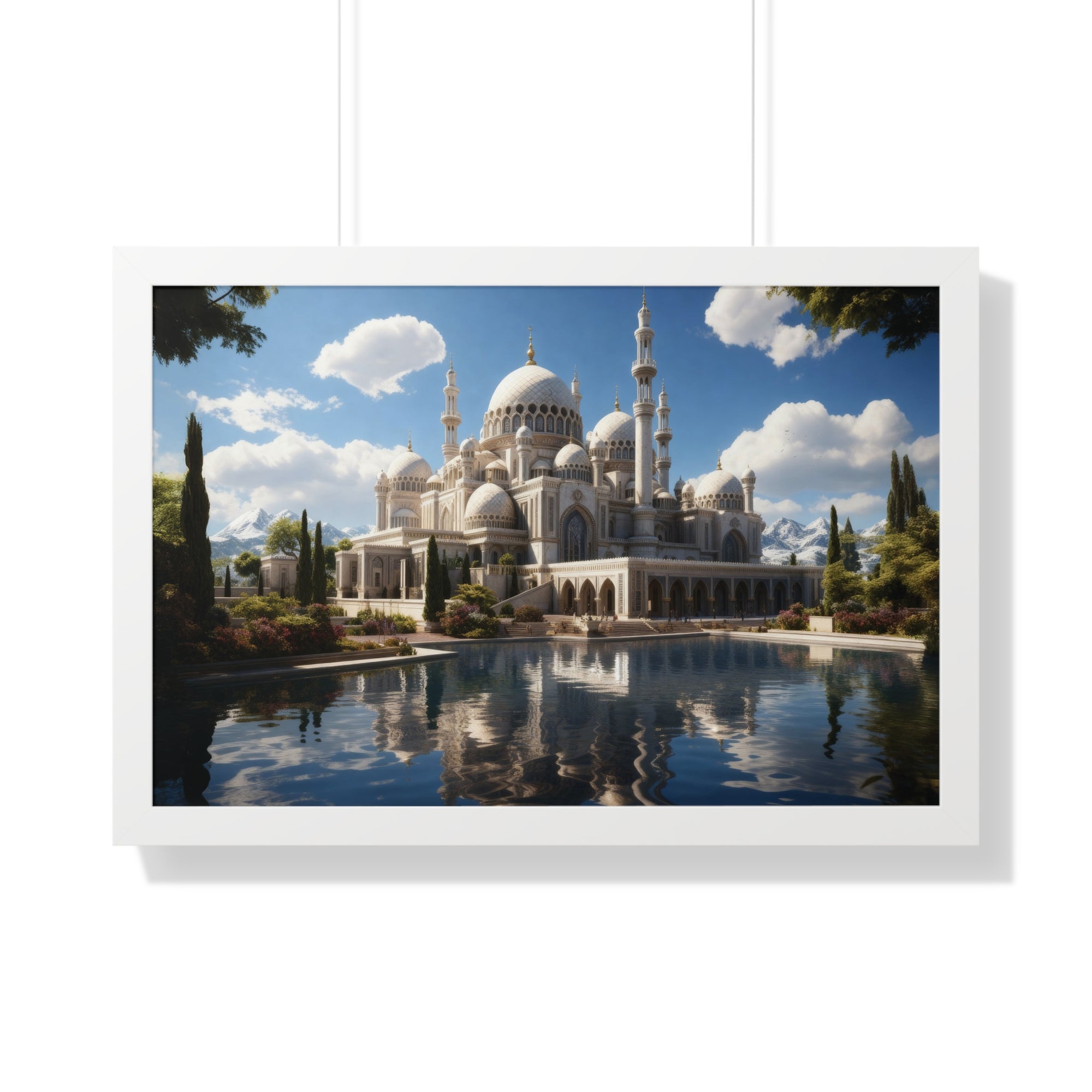 Reflections of Faith – Framed Islamic Mosque Wall Art with Scenic Lake & Mountain Backdrop