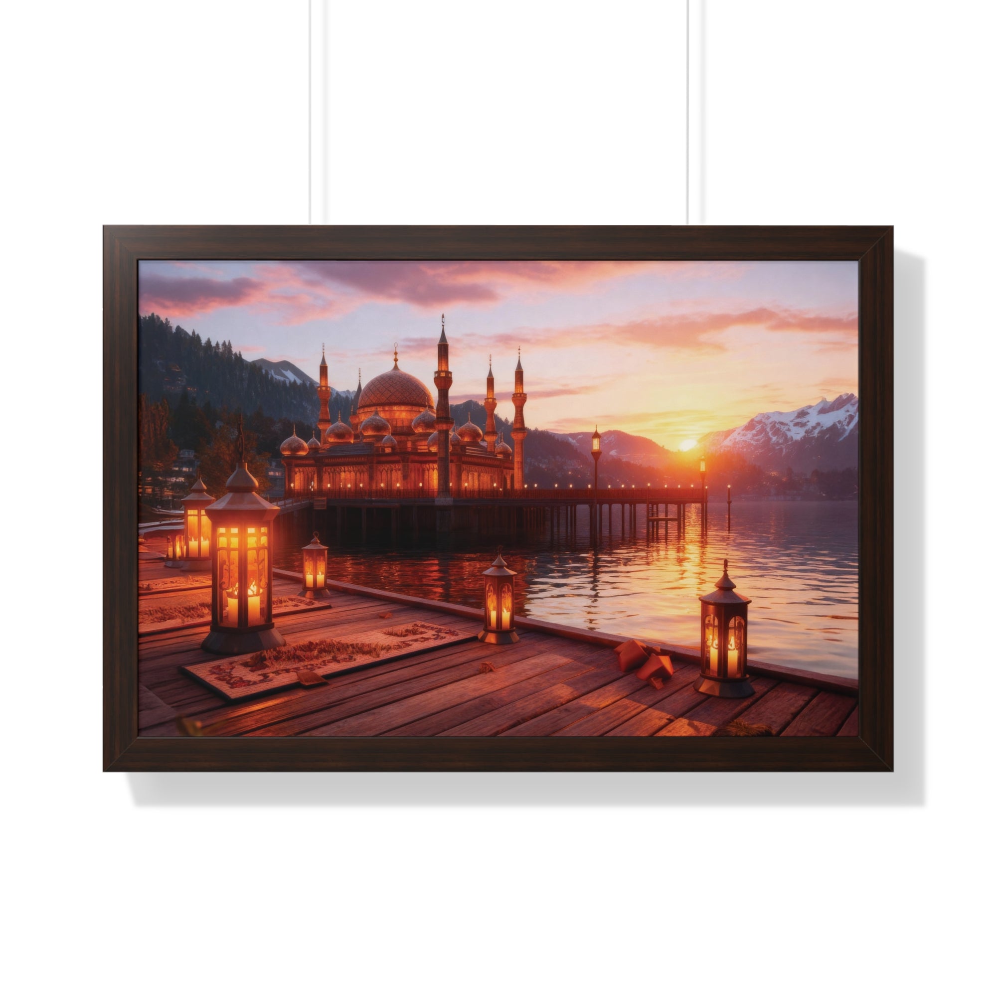 Twilight Serenity – Illuminated Mosque Reflections Framed Wall Art