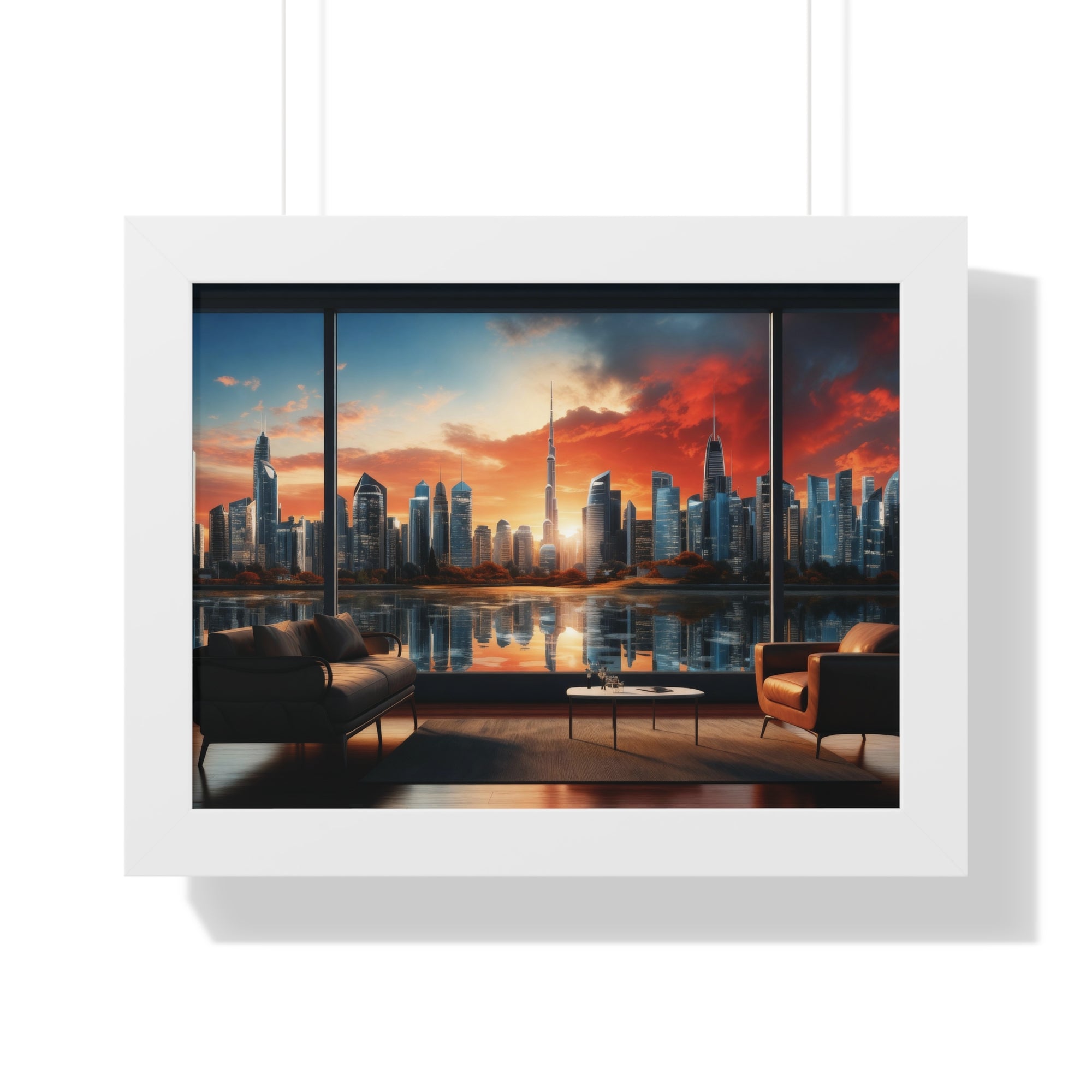Framed Luxury City View – Modern Living Room Wall Art with Skyline Sunset Reflection