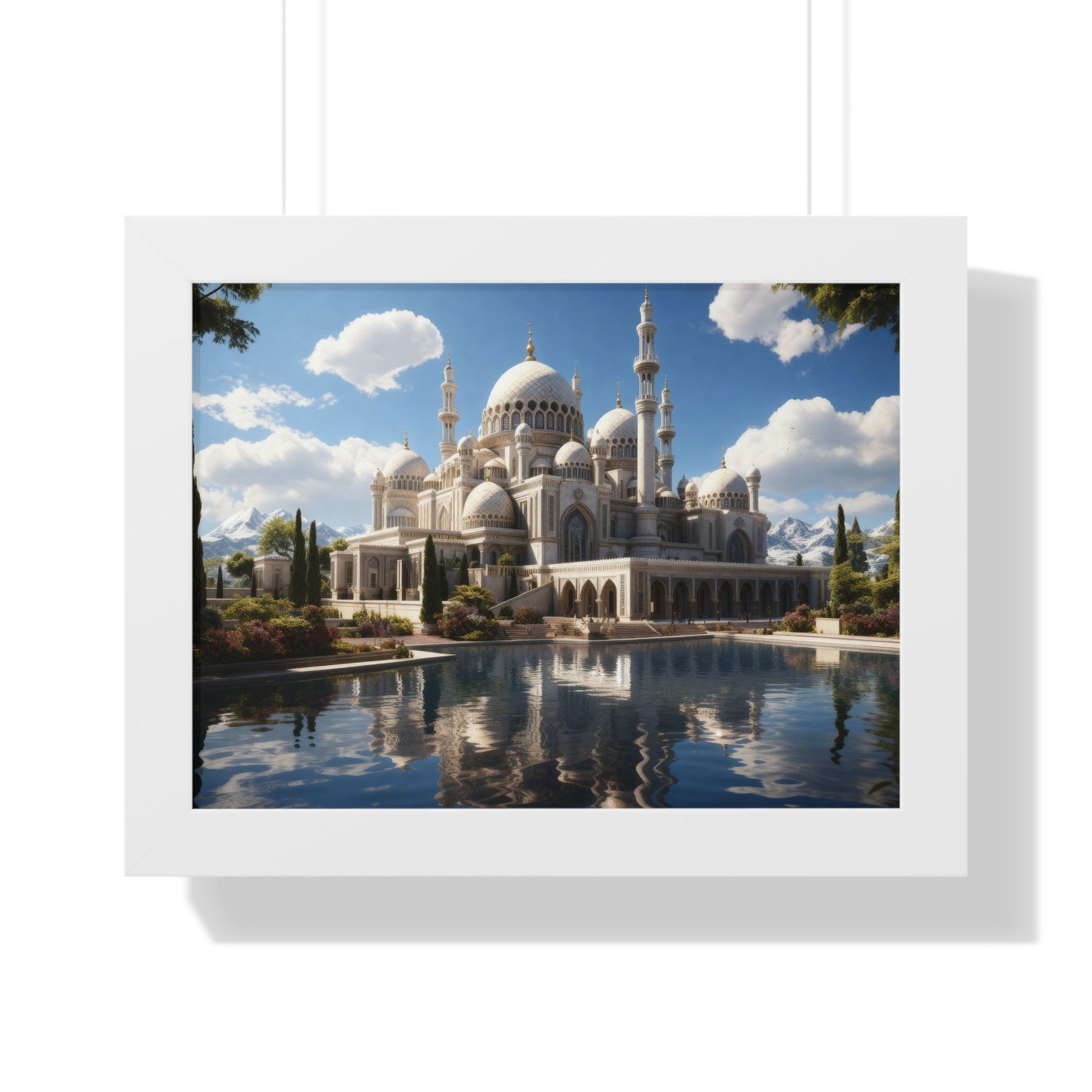 Reflections of Faith – Framed Islamic Mosque Wall Art with Scenic Lake & Mountain Backdrop