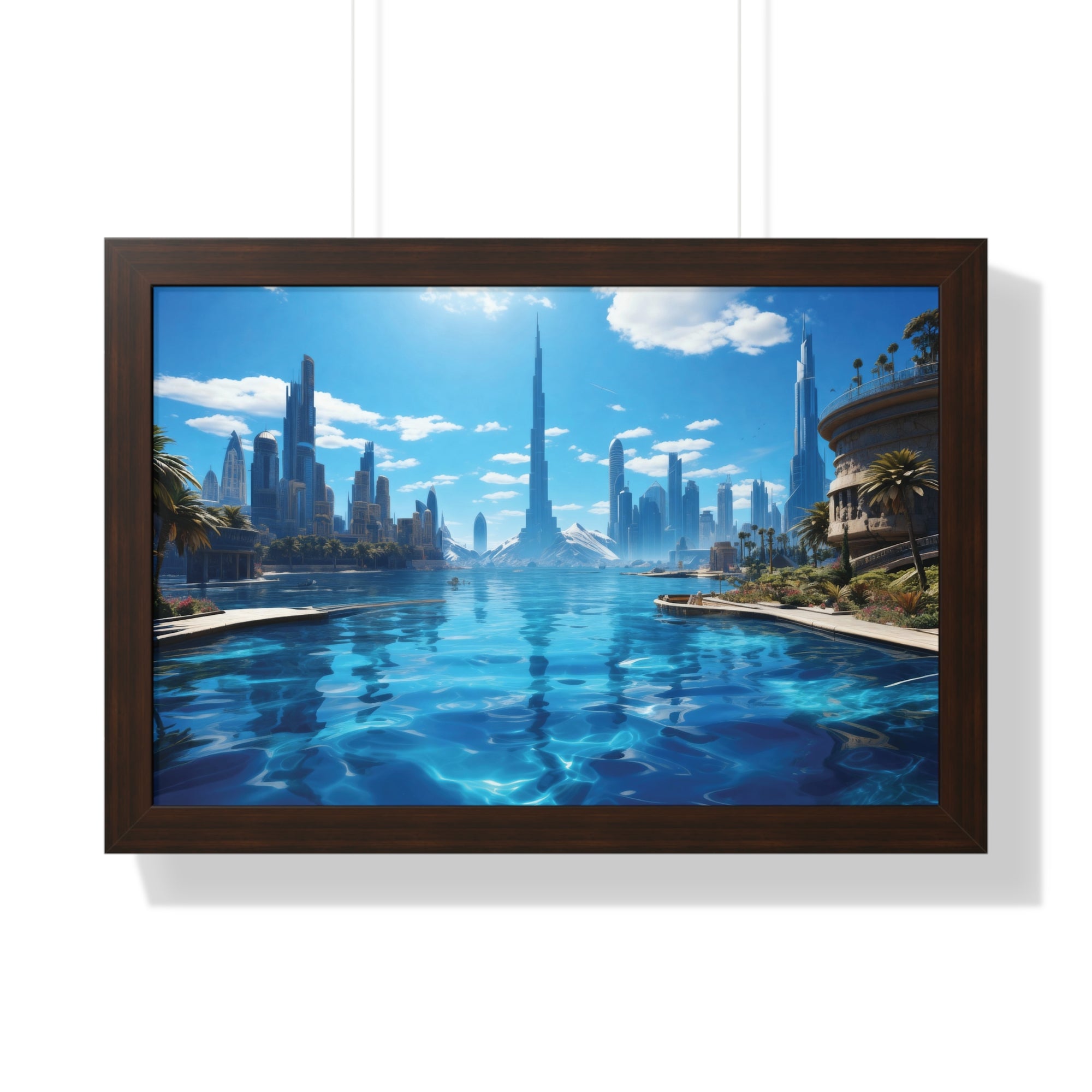 Futuristic Waterfront Skyline – Framed Wall Art with Palm Trees & Ultra-Modern Architecture