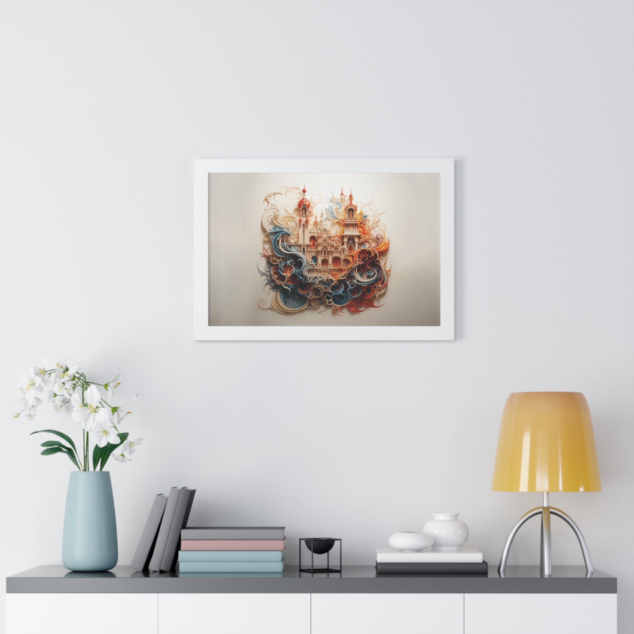 Whimsical Citadel – Mosque Themed Framed Wall Art in Swirling Hues