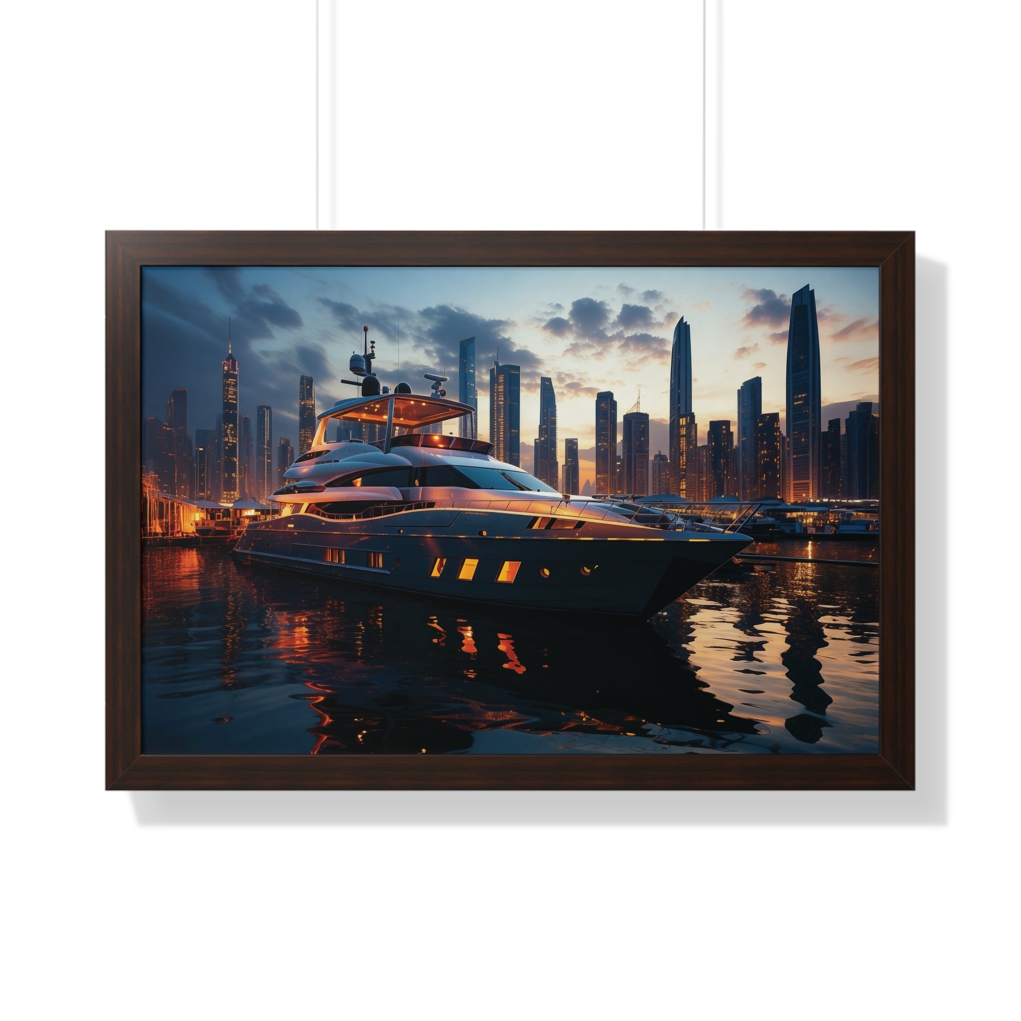 Framed Luxury Yacht at Sunset – Unique Marina Cityscape Wall Art