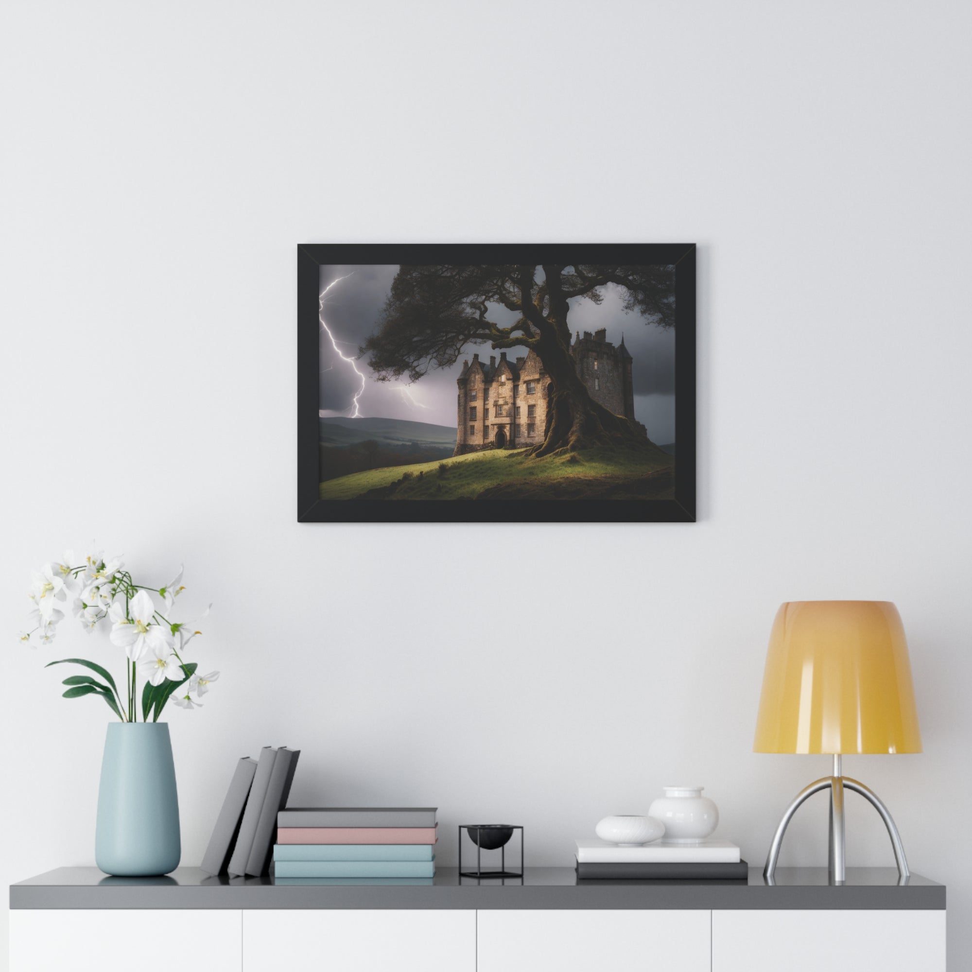 Haunted Scottish Castle Wall Art – Lightning Storm & Ancient Tree Landscape Print