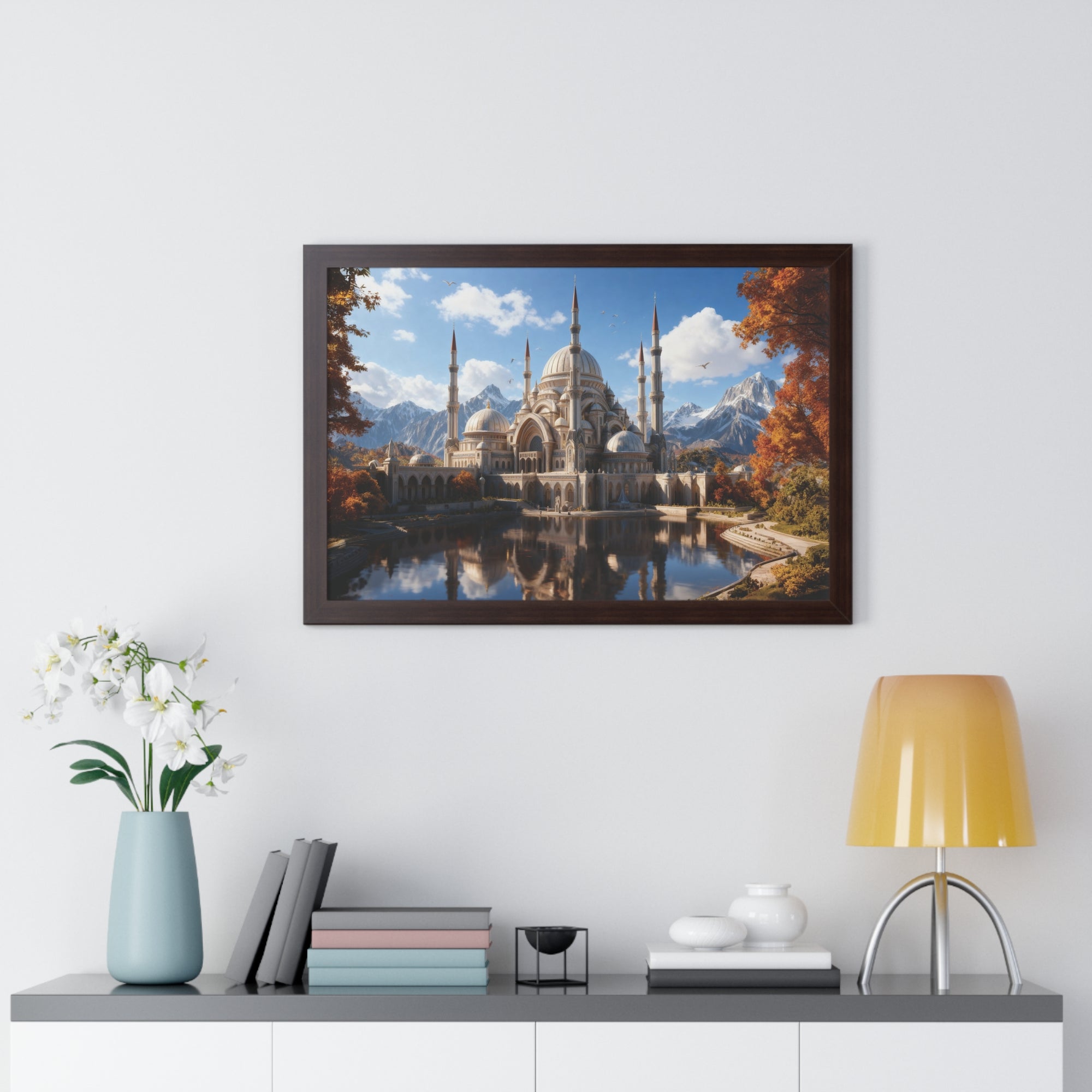 Echoes of Elevation – Majestic Mosque Reflections Framed Wall Art