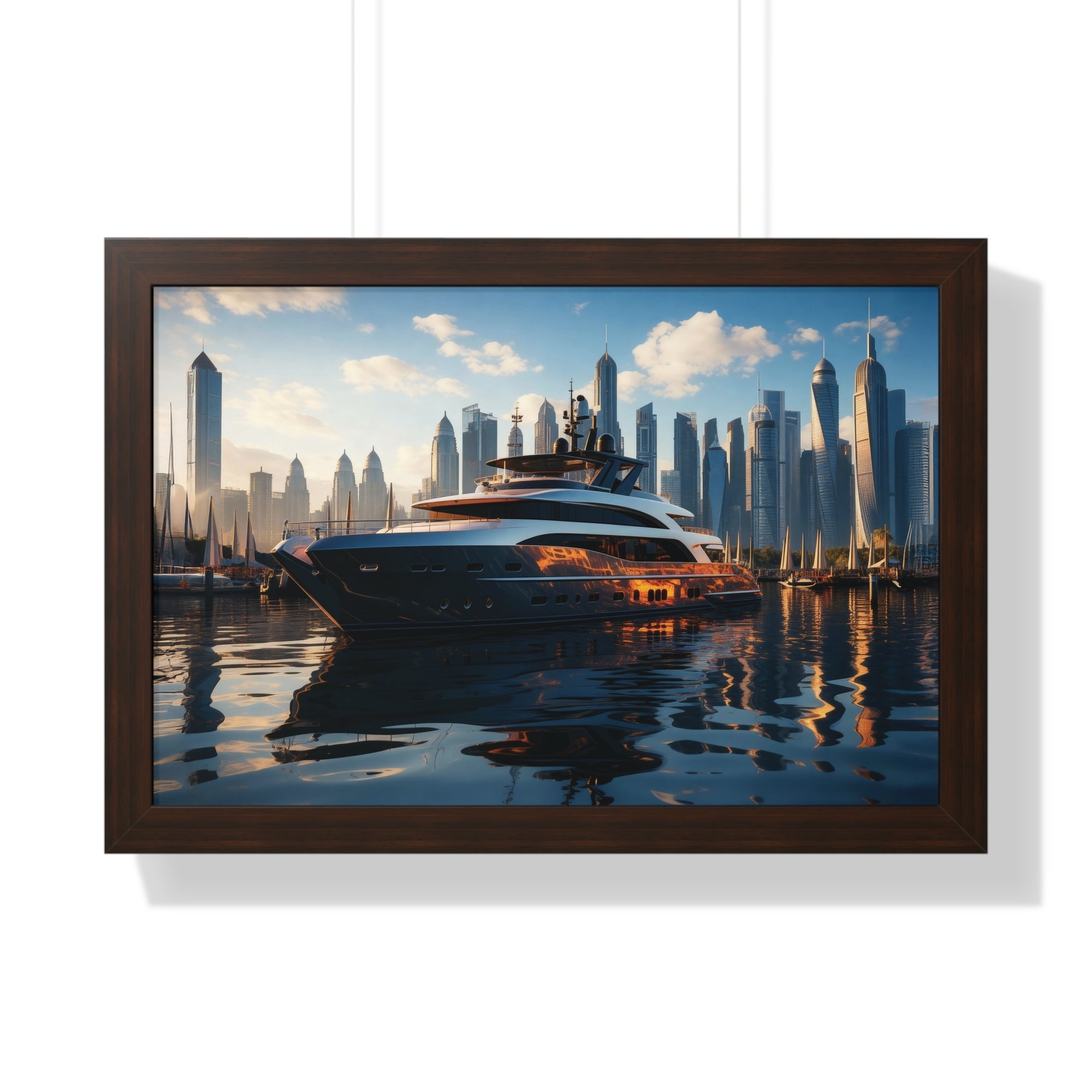 Luxury Yacht Marina at Sunset – Framed Cityscape Wall Art for Modern Interiors